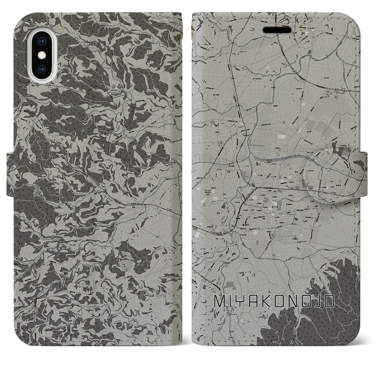 【都城(宮崎県)】地図柄iPhoneケース(手帳タイプ)モノトーン・iPhone XS Max 用