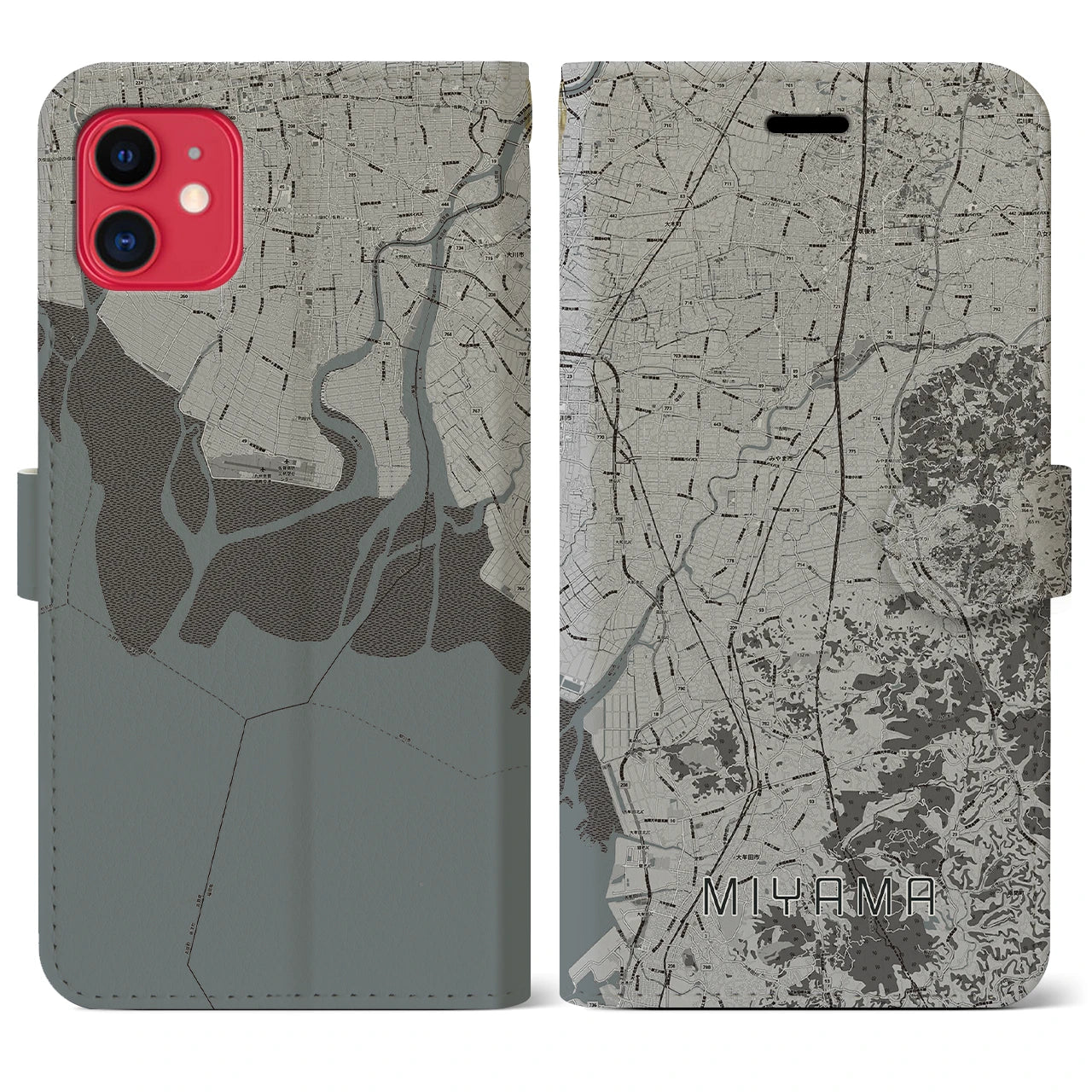 【みやま(福岡県)】地図柄iPhoneケース(手帳タイプ)モノトーン・iPhone 11 用