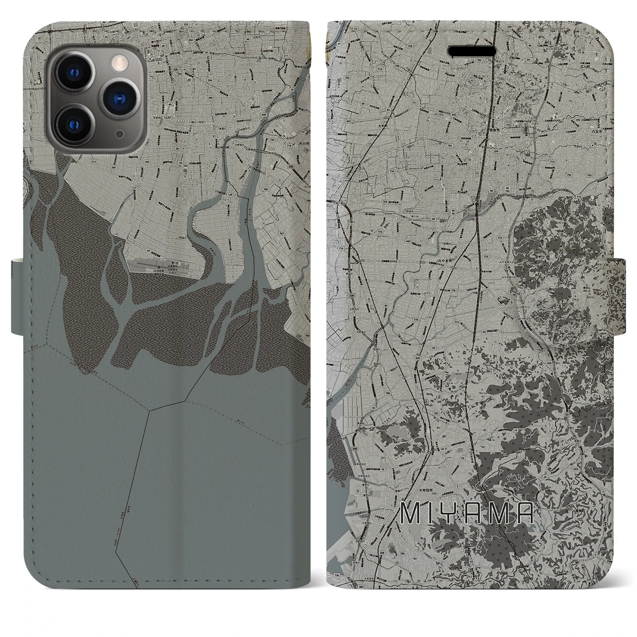 【みやま(福岡県)】地図柄iPhoneケース(手帳タイプ)モノトーン・iPhone 11 Pro Max 用