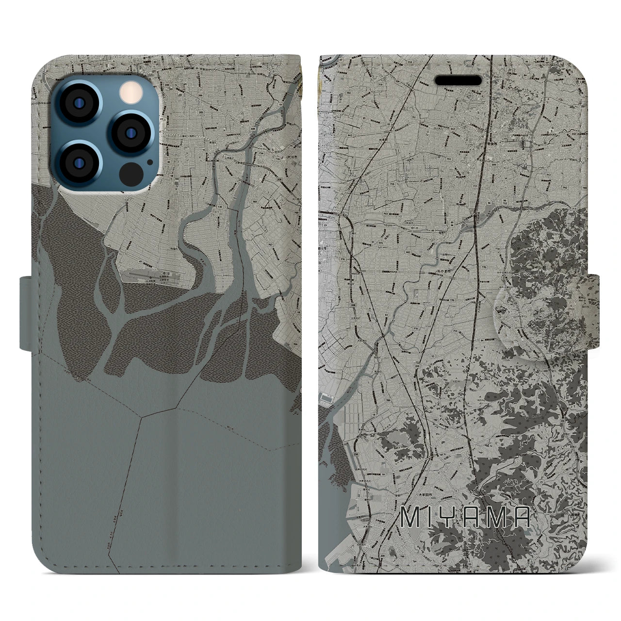 【みやま(福岡県)】地図柄iPhoneケース(手帳タイプ)モノトーン・iPhone 12 / 12 Pro 用