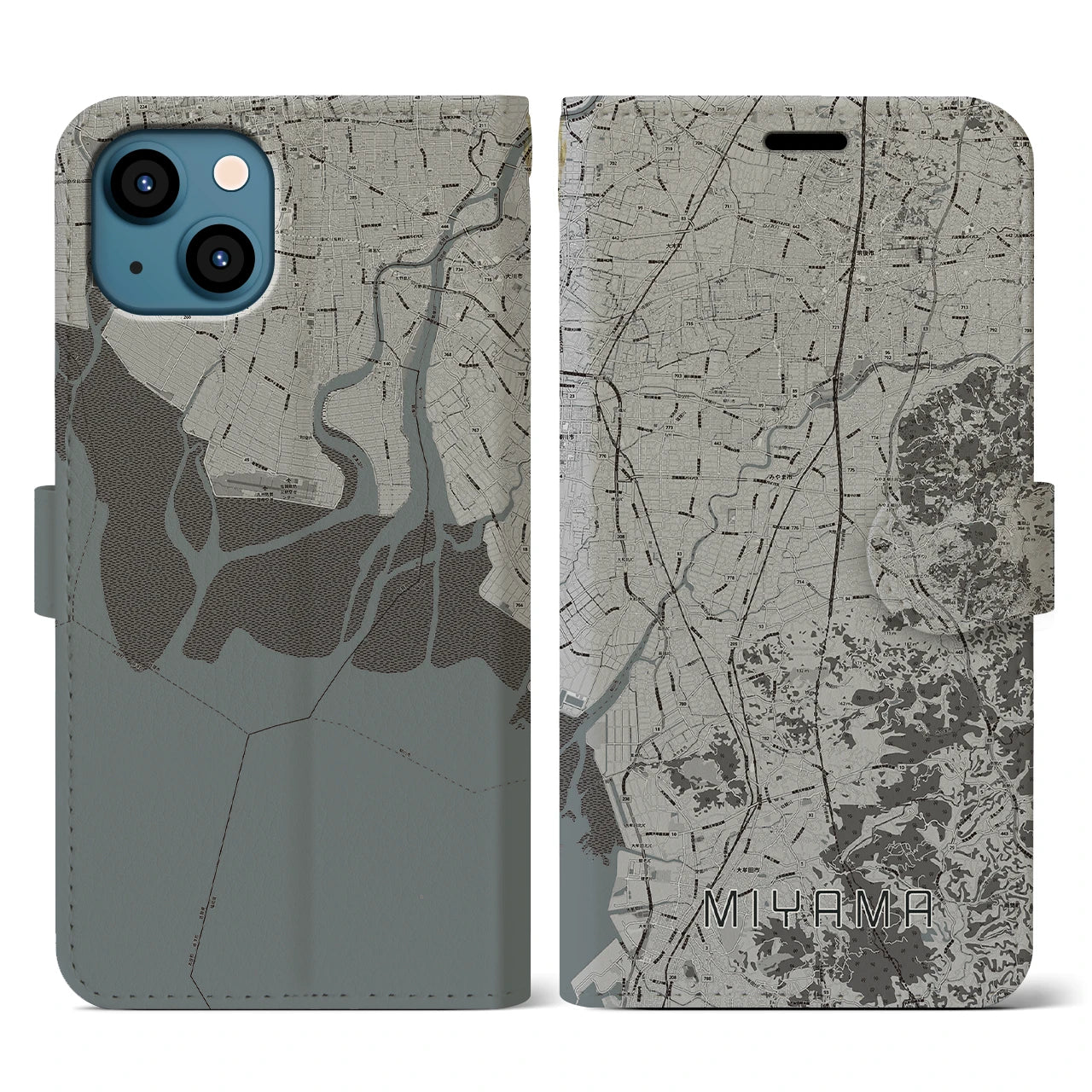 【みやま(福岡県)】地図柄iPhoneケース(手帳タイプ)モノトーン・iPhone 13 用