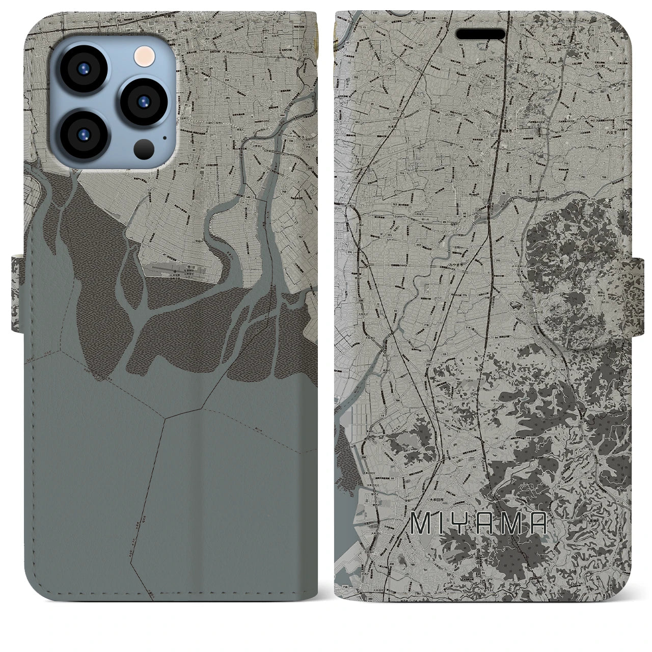 【みやま(福岡県)】地図柄iPhoneケース(手帳タイプ)モノトーン・iPhone 13 Pro Max 用