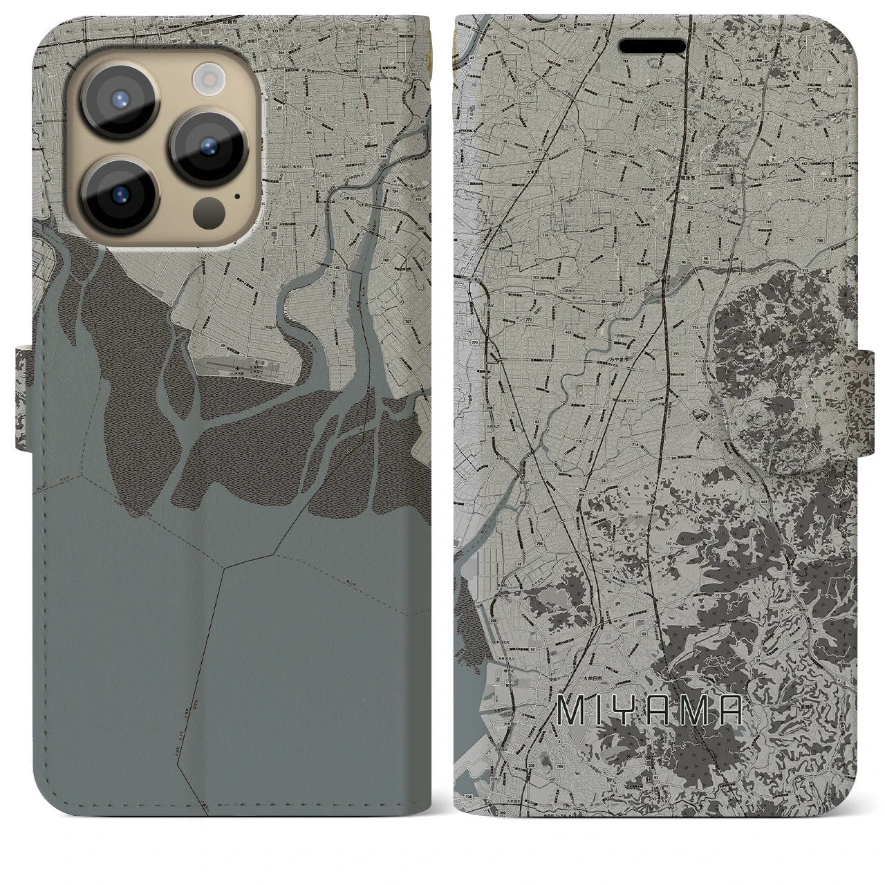 【みやま(福岡県)】地図柄iPhoneケース(手帳タイプ)モノトーン・iPhone 14 Pro Max 用