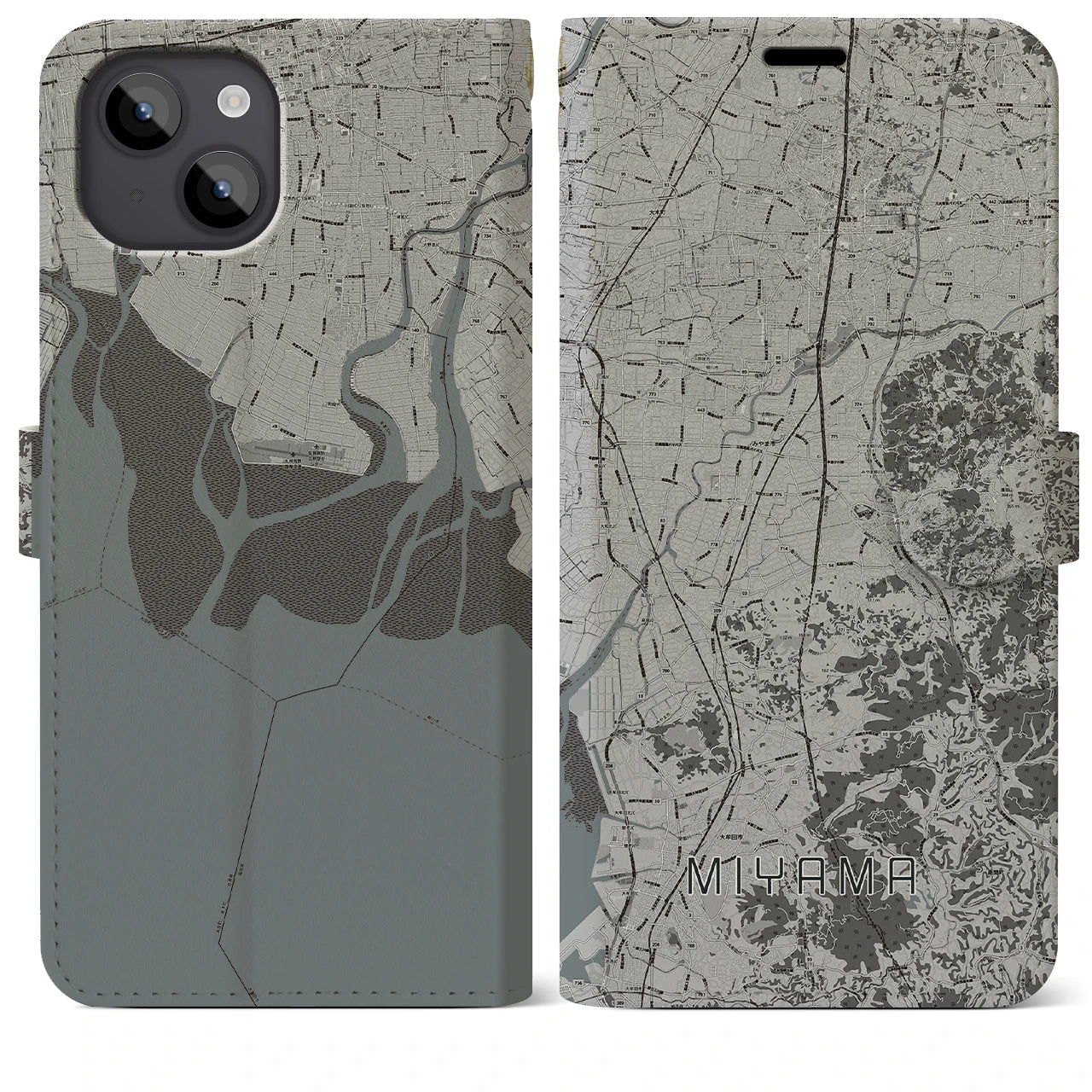 【みやま(福岡県)】地図柄iPhoneケース(手帳タイプ)モノトーン・iPhone 14 Plus 用