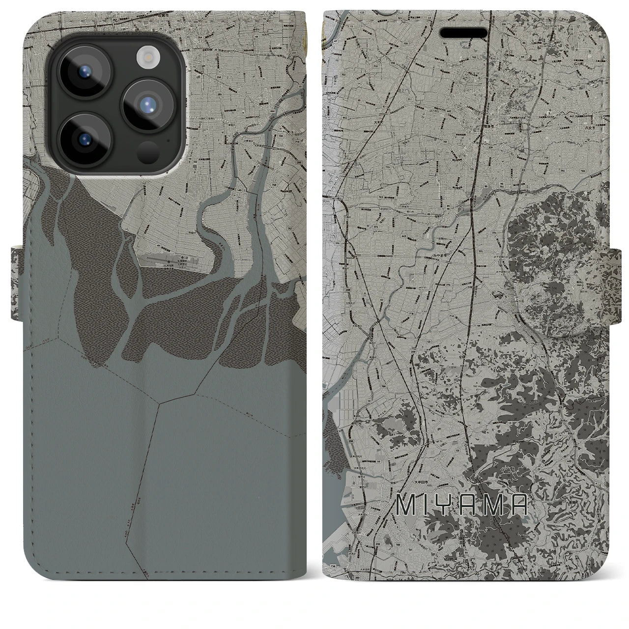 【みやま(福岡県)】地図柄iPhoneケース(手帳タイプ)モノトーン・iPhone 15 Pro Max 用