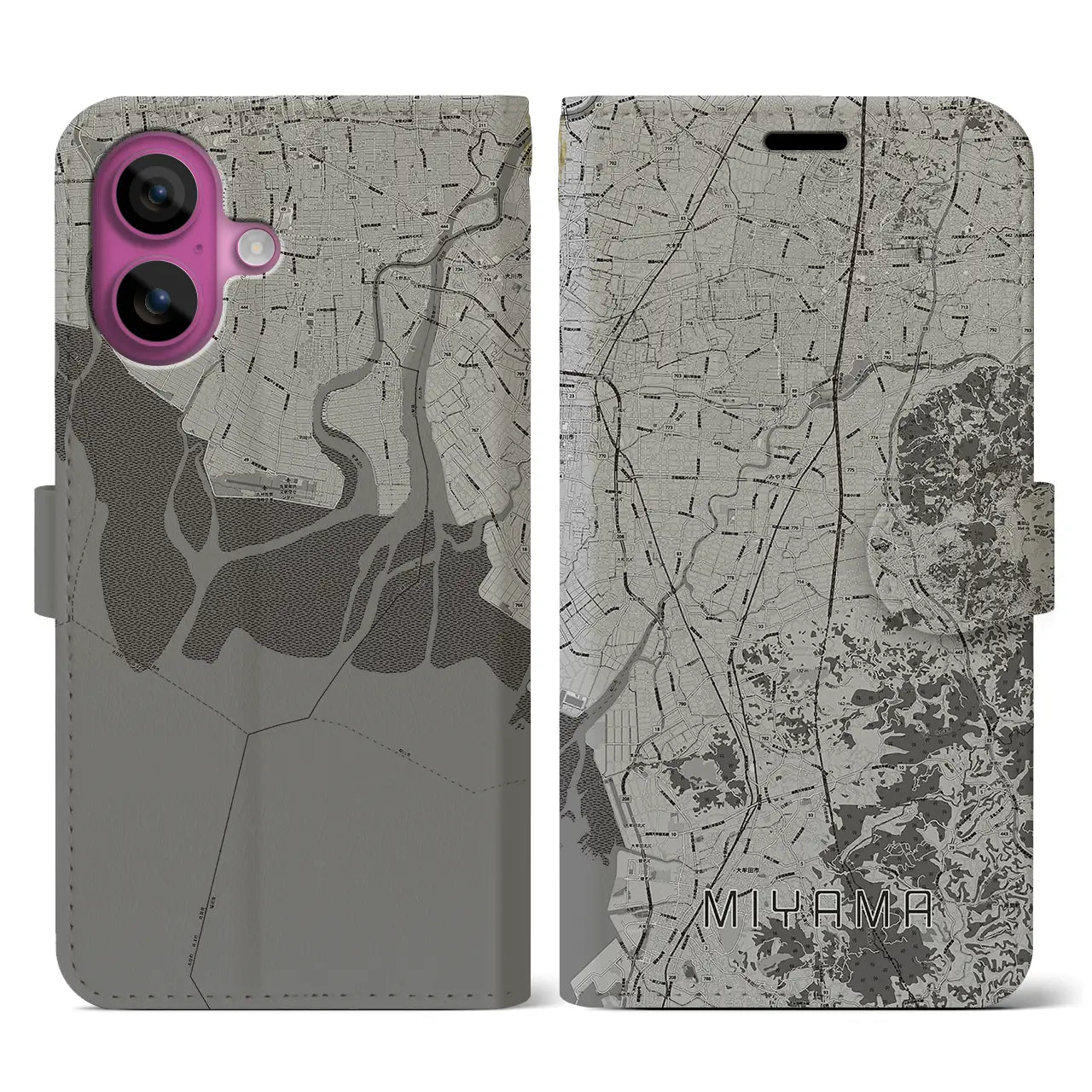 【みやま(福岡県)】地図柄iPhoneケース(手帳タイプ)モノトーン・iPhone 16 Pro 用