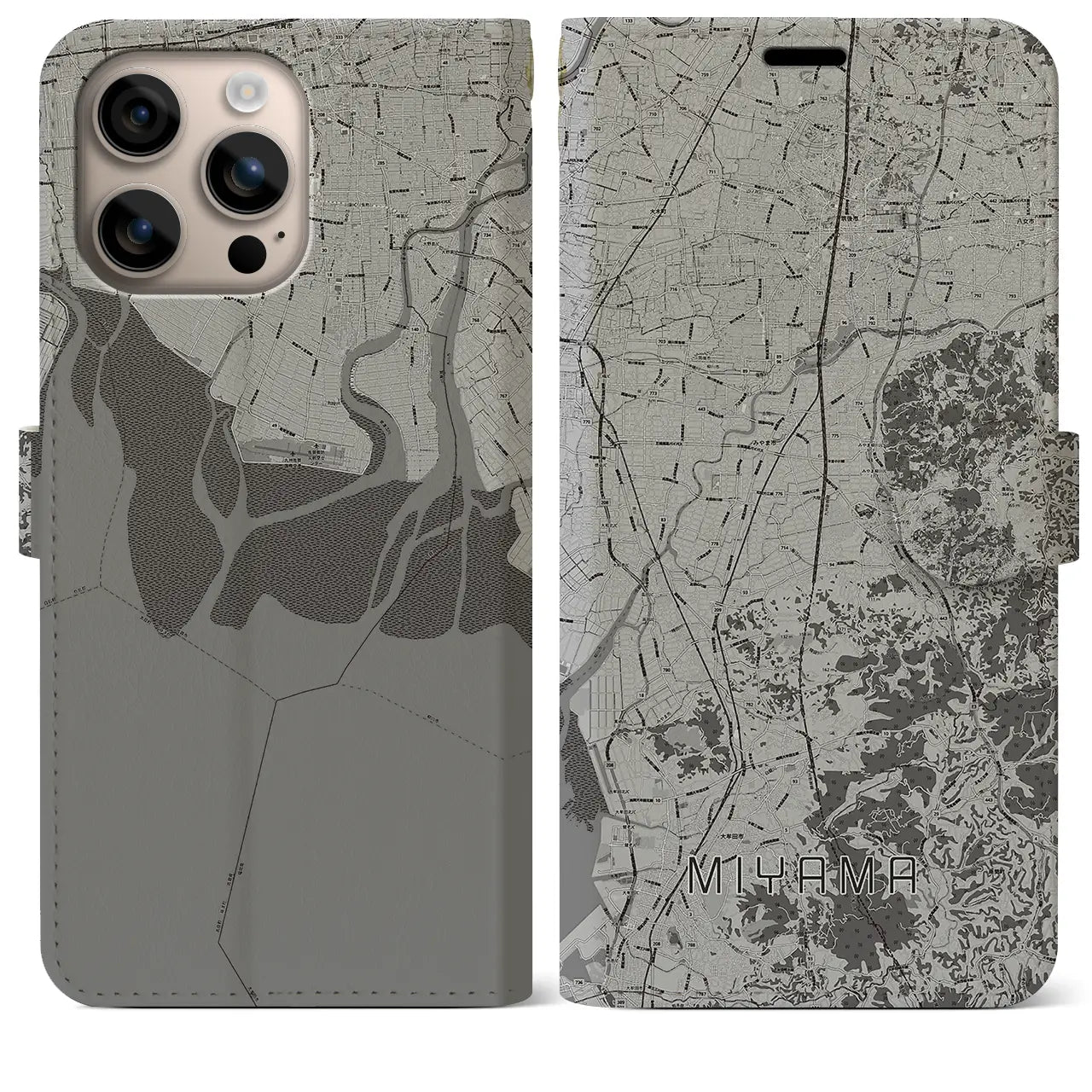 【みやま(福岡県)】地図柄iPhoneケース(手帳タイプ)モノトーン・iPhone 16 Plus 用