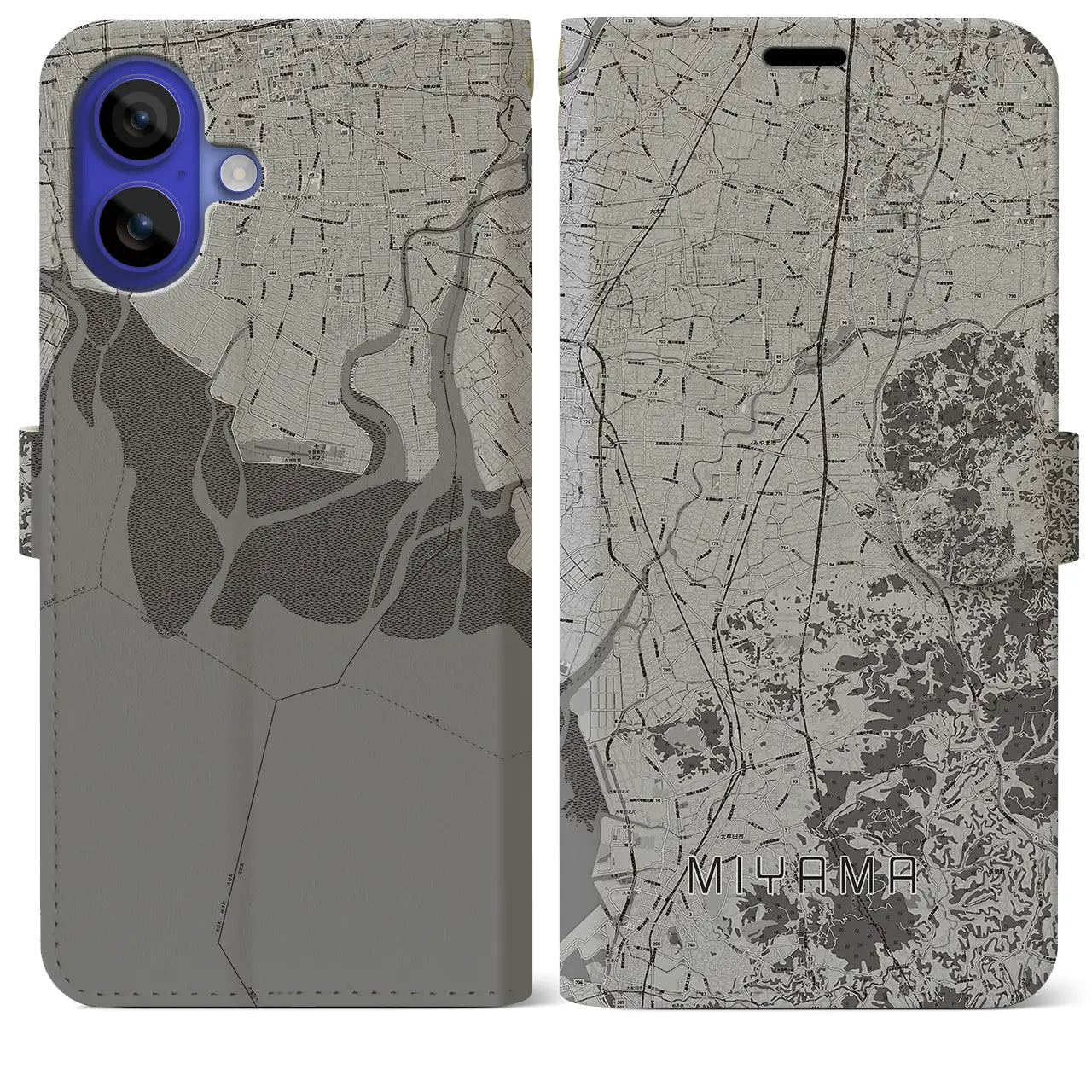 【みやま(福岡県)】地図柄iPhoneケース(手帳タイプ)モノトーン・iPhone 16 Pro Max 用