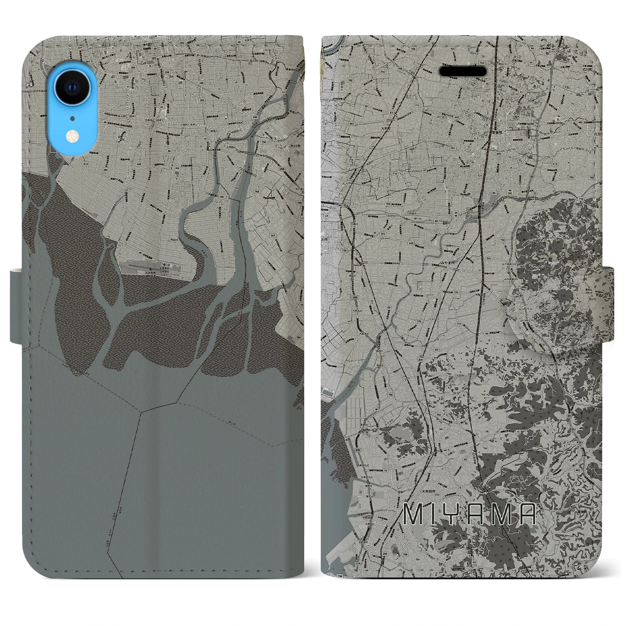 【みやま(福岡県)】地図柄iPhoneケース(手帳タイプ)モノトーン・iPhone XR 用