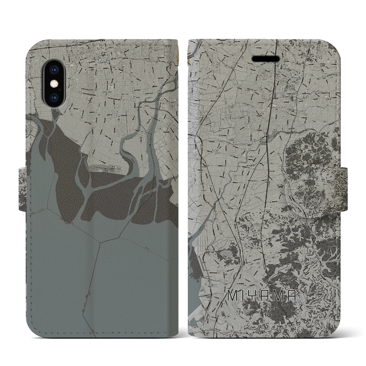 【みやま(福岡県)】地図柄iPhoneケース(手帳タイプ)モノトーン・iPhone XS / X 用