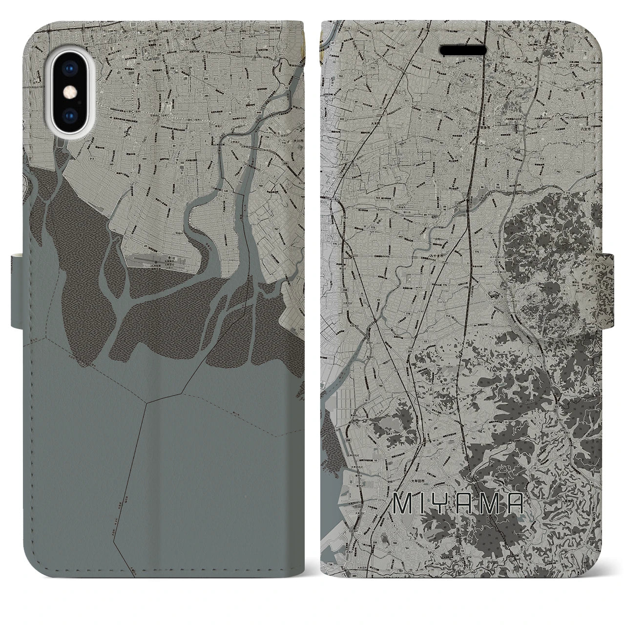 【みやま(福岡県)】地図柄iPhoneケース(手帳タイプ)モノトーン・iPhone XS Max 用