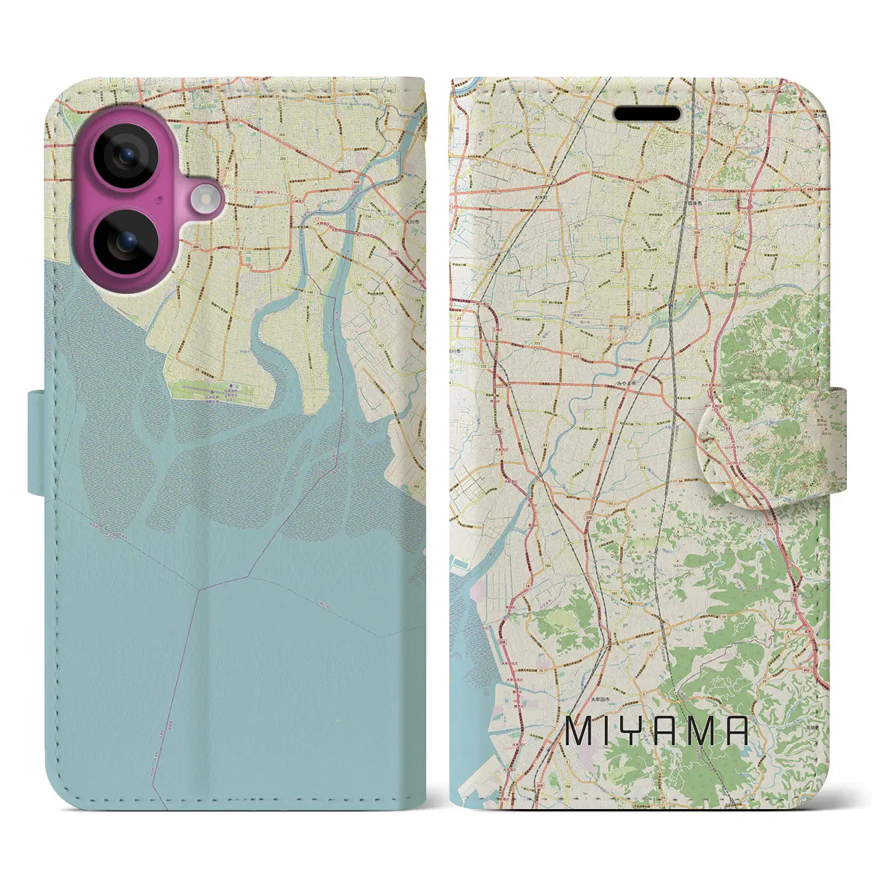 【みやま(福岡県)】地図柄iPhoneケース(手帳タイプ)ナチュラル・iPhone 16 Pro 用
