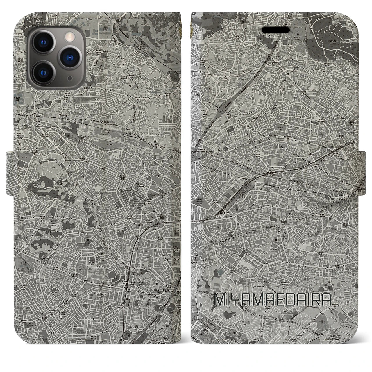 【宮前平(神奈川県)】地図柄iPhoneケース(手帳タイプ)モノトーン・iPhone 11 Pro Max 用