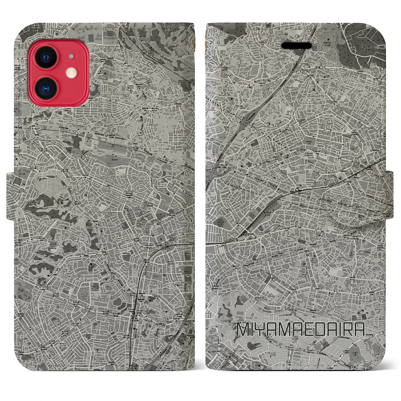 【宮前平(神奈川県)】地図柄iPhoneケース(手帳タイプ)モノトーン・iPhone 11 用