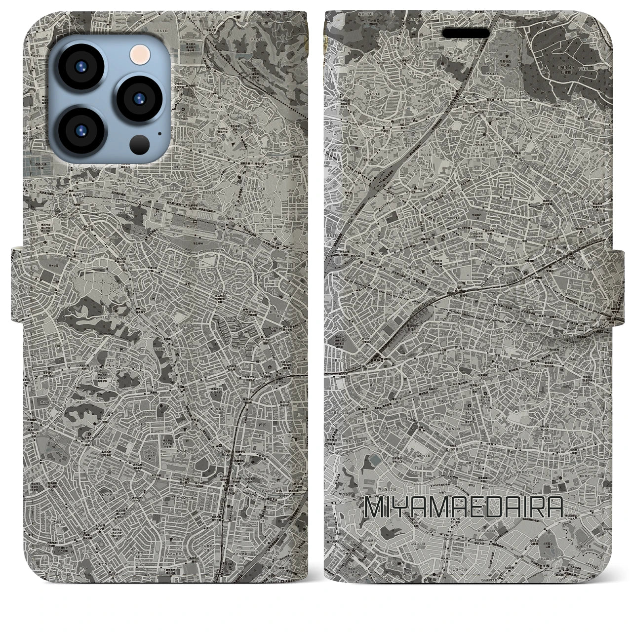 【宮前平(神奈川県)】地図柄iPhoneケース(手帳タイプ)モノトーン・iPhone 13 Pro Max 用