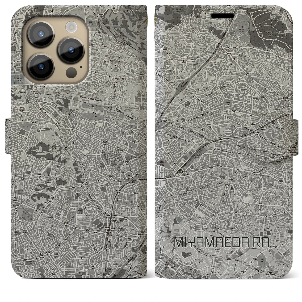 【宮前平(神奈川県)】地図柄iPhoneケース(手帳タイプ)モノトーン・iPhone 14 Pro Max 用