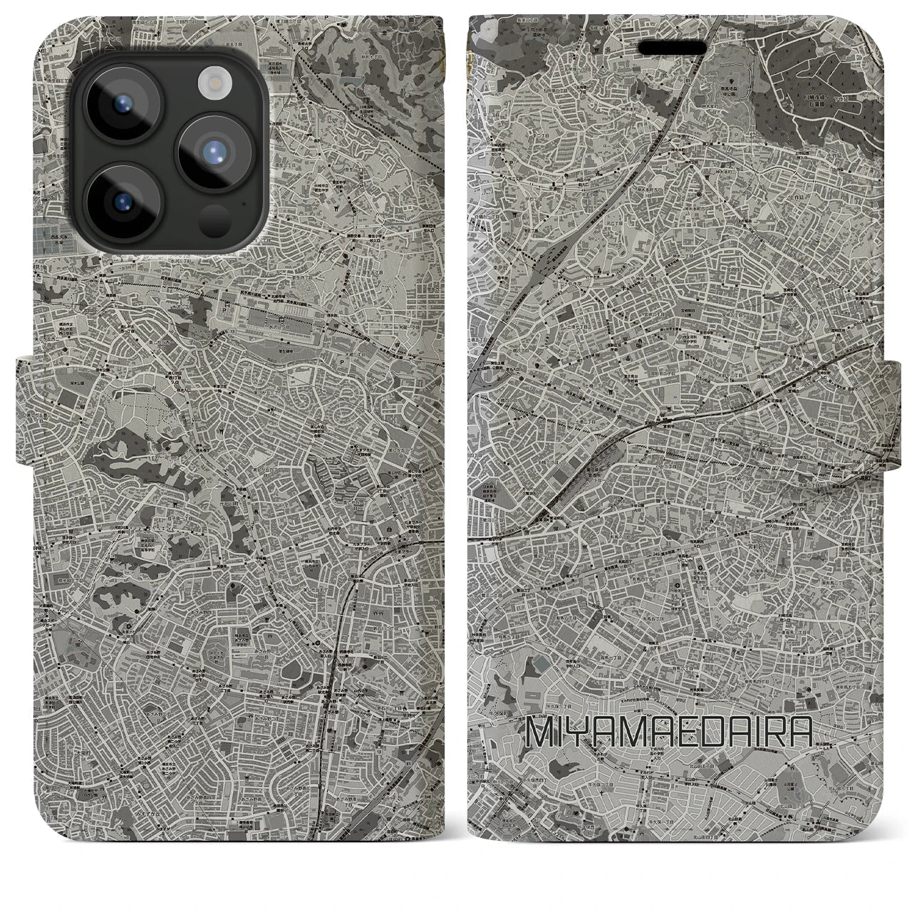 【宮前平(神奈川県)】地図柄iPhoneケース(手帳タイプ)モノトーン・iPhone 15 Pro Max 用
