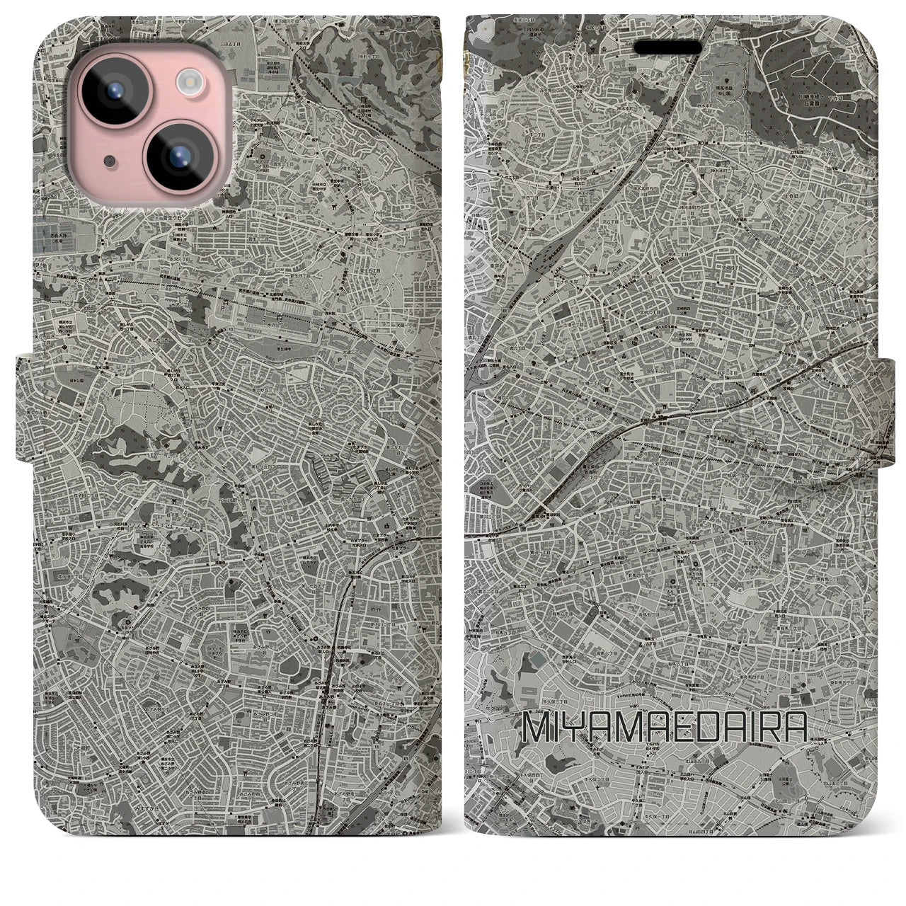 【宮前平(神奈川県)】地図柄iPhoneケース(手帳タイプ)モノトーン・iPhone 15 Plus 用