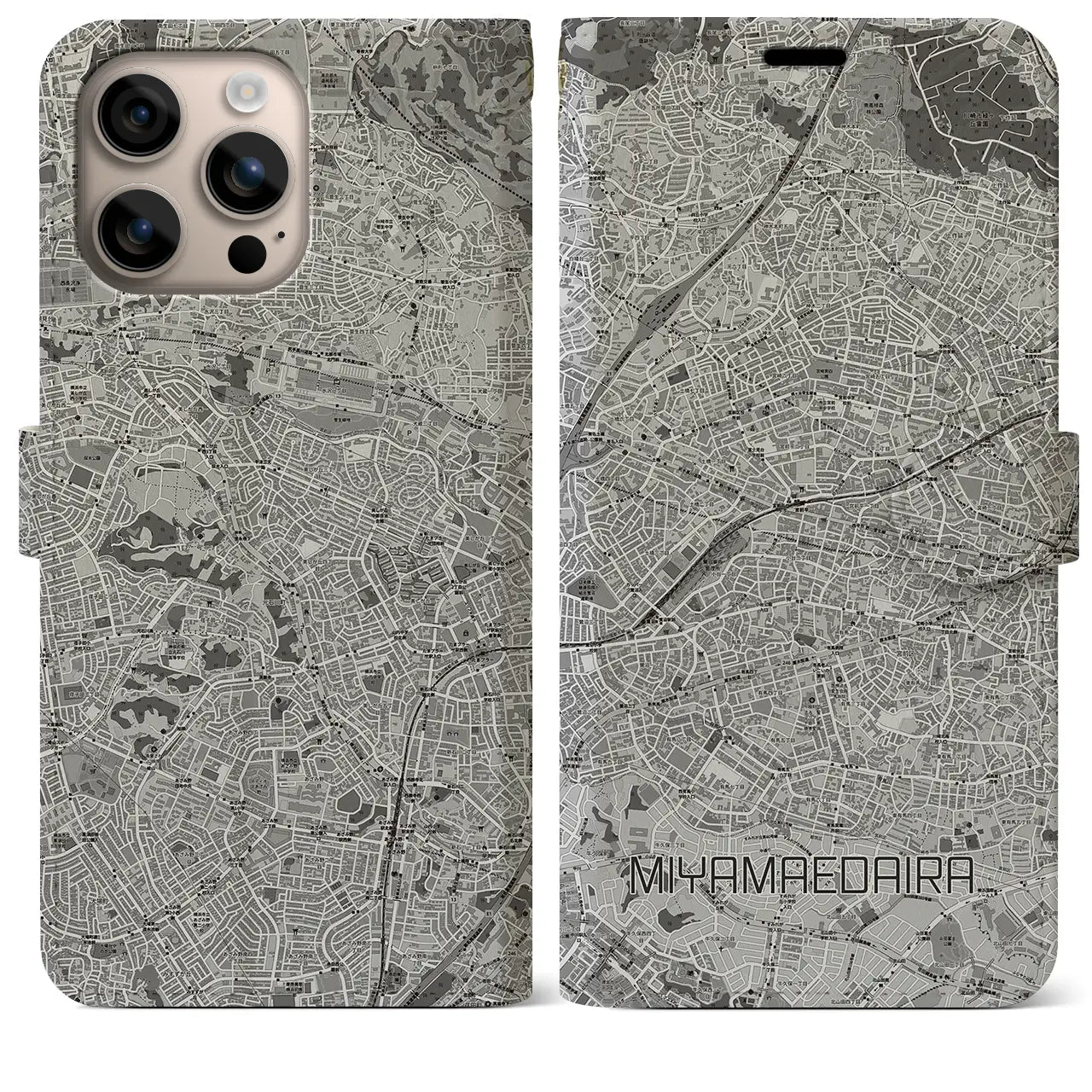 【宮前平(神奈川県)】地図柄iPhoneケース(手帳タイプ)モノトーン・iPhone 16 Plus 用