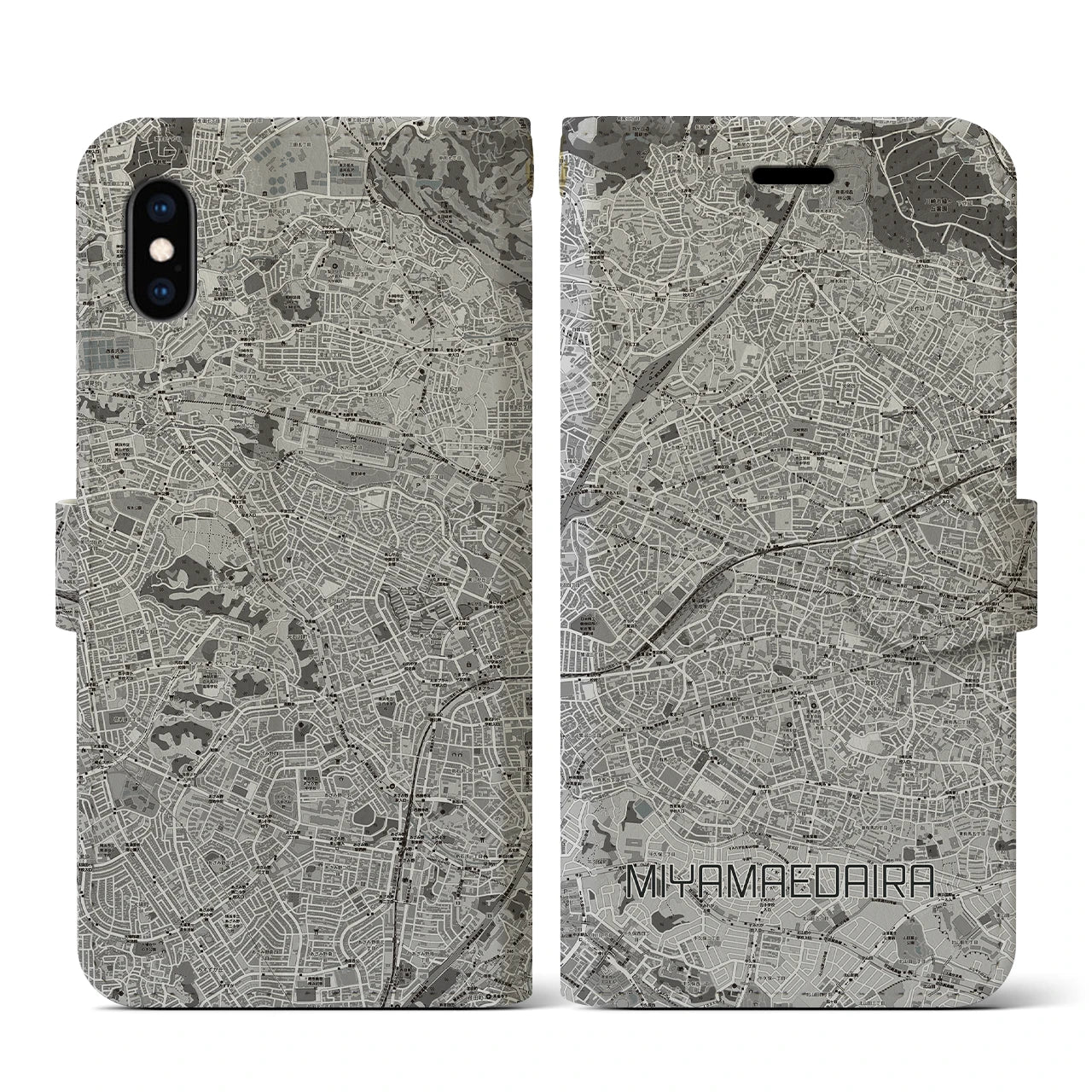 【宮前平(神奈川県)】地図柄iPhoneケース(手帳タイプ)モノトーン・iPhone XS / X 用