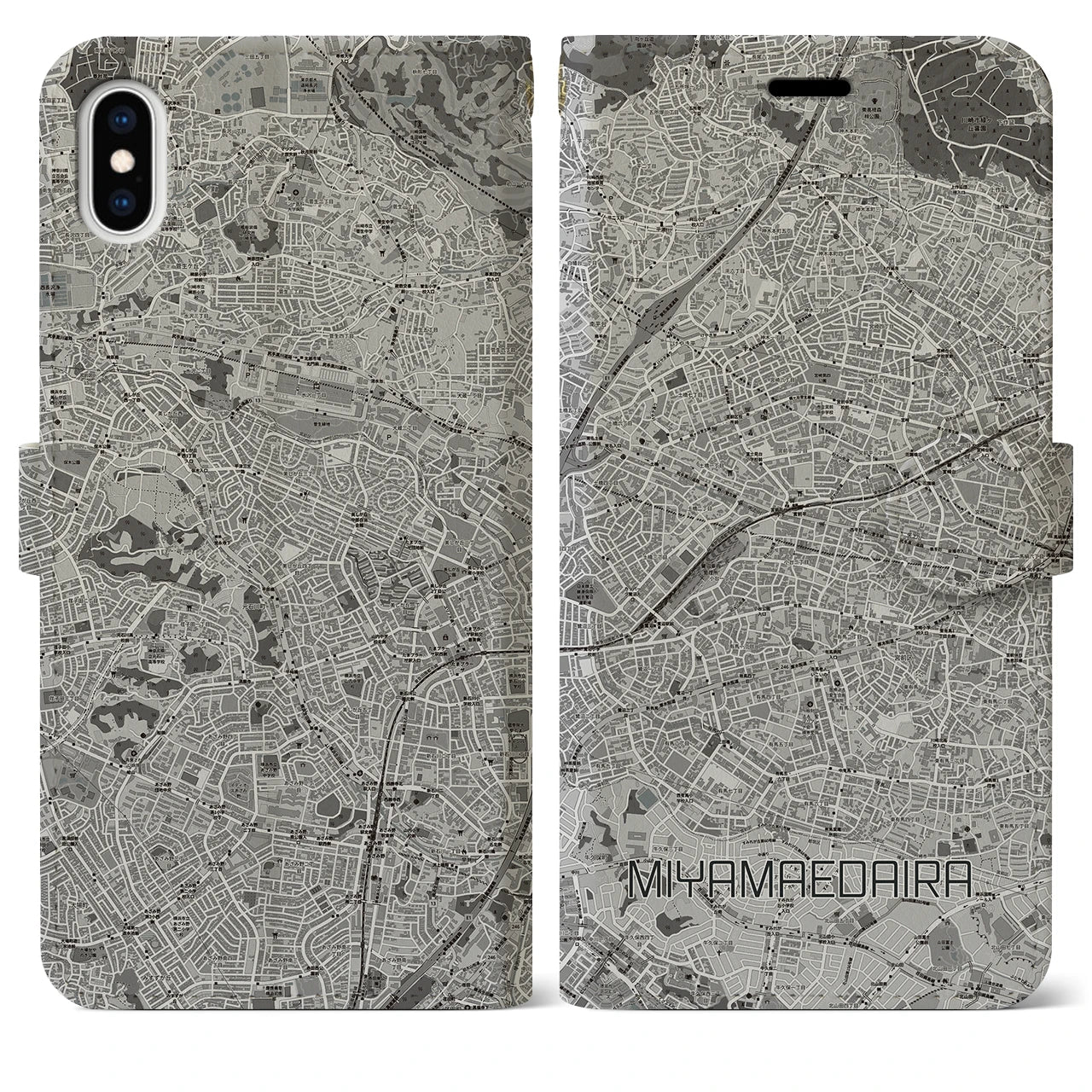 【宮前平(神奈川県)】地図柄iPhoneケース(手帳タイプ)モノトーン・iPhone XS Max 用