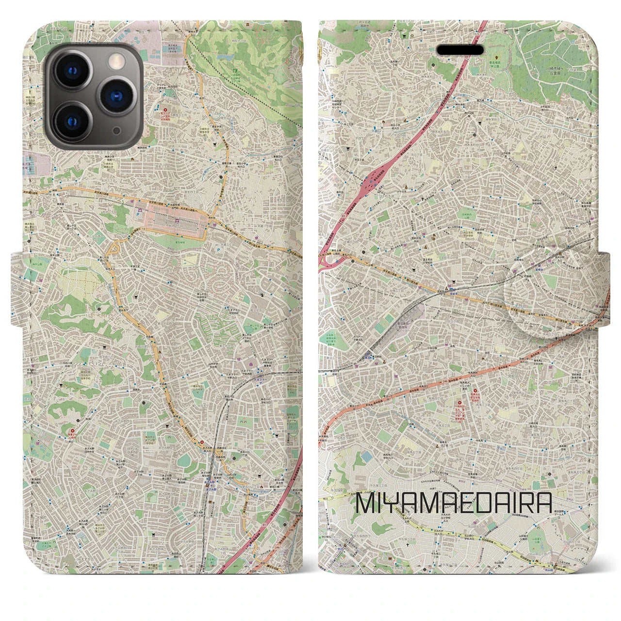 【宮前平(神奈川県)】地図柄iPhoneケース(手帳タイプ)ナチュラル・iPhone 11 Pro Max 用