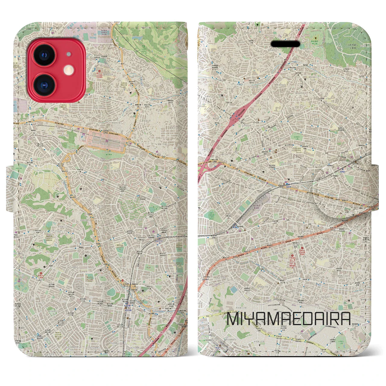 【宮前平(神奈川県)】地図柄iPhoneケース(手帳タイプ)ナチュラル・iPhone 11 用
