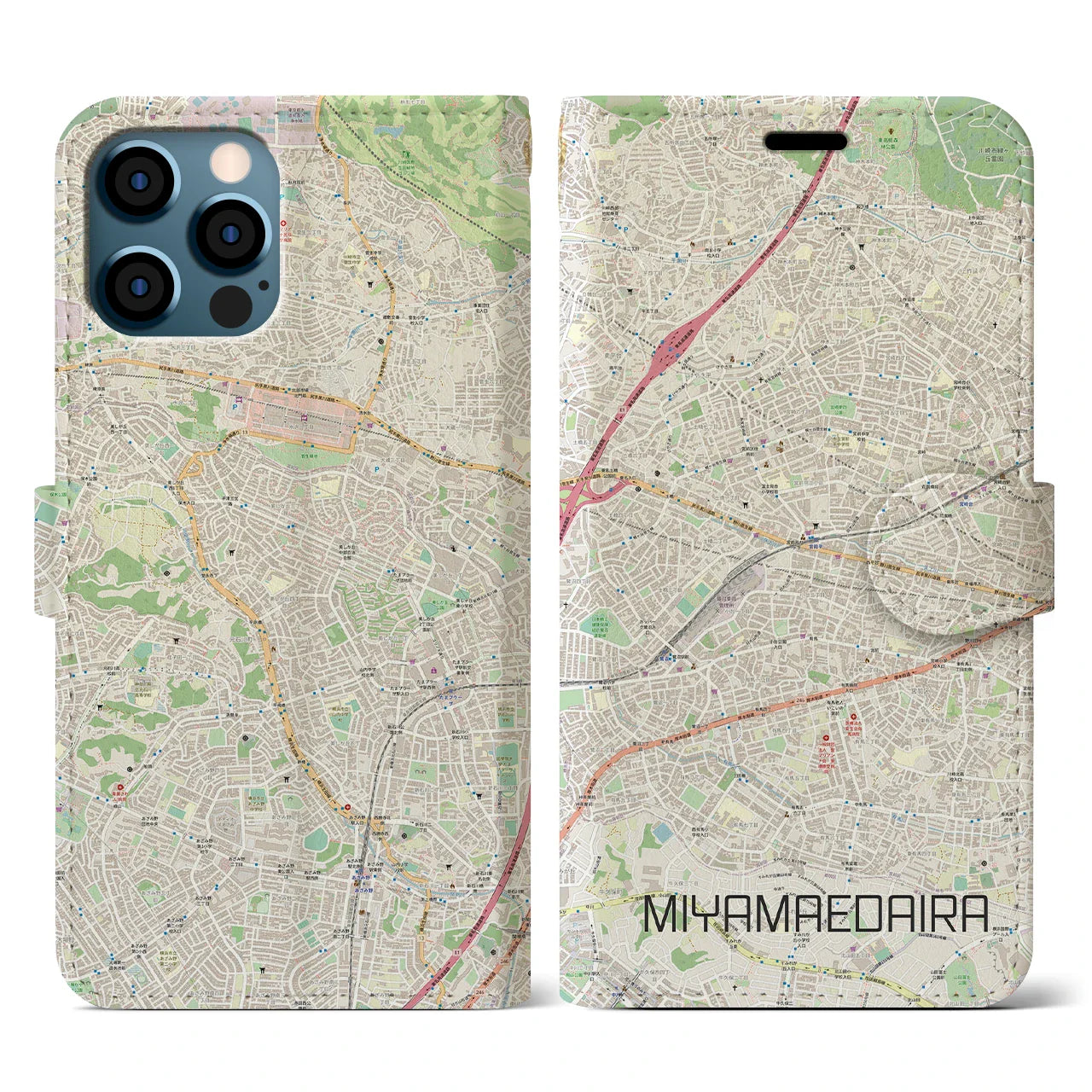 【宮前平(神奈川県)】地図柄iPhoneケース(手帳タイプ)ナチュラル・iPhone 12 / 12 Pro 用