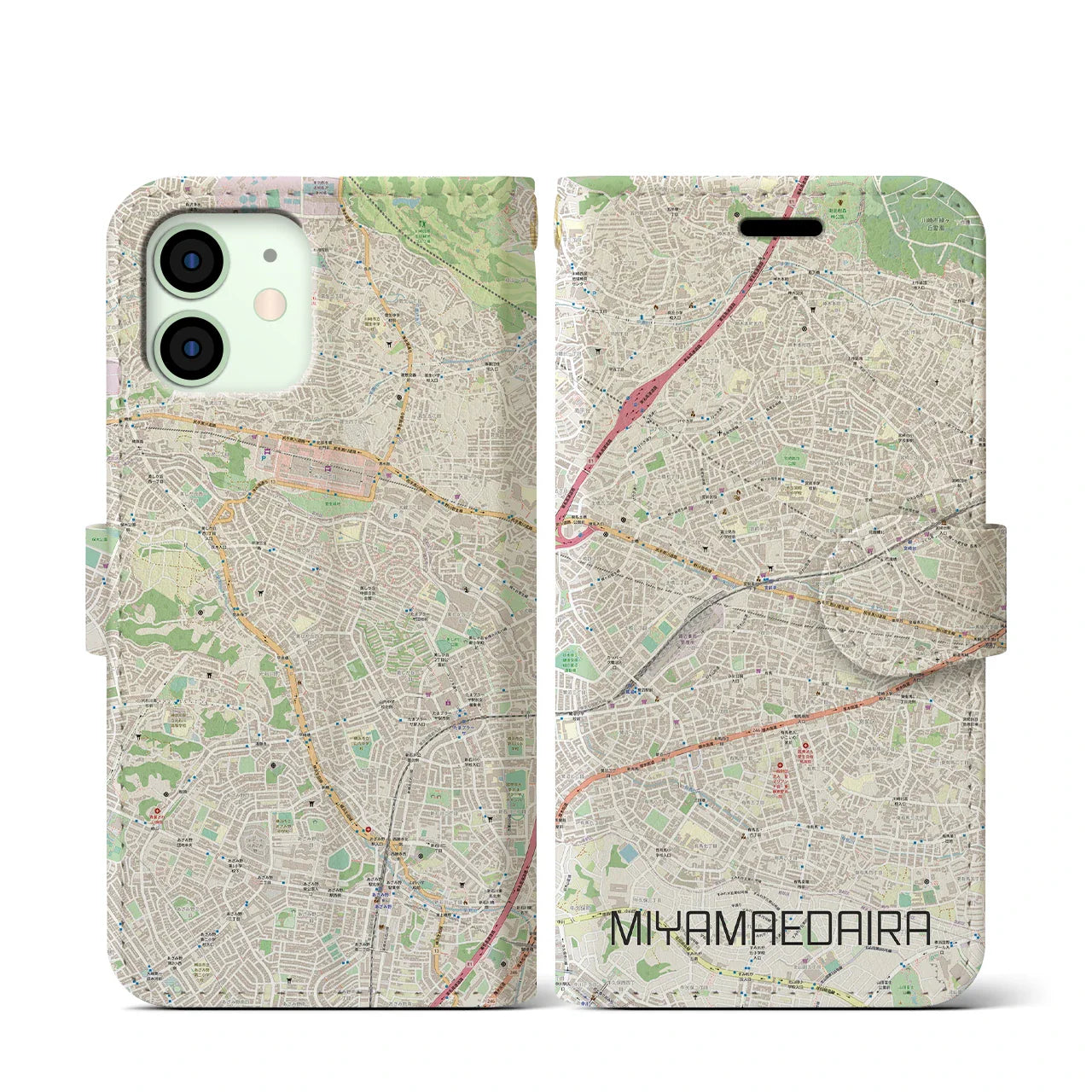 【宮前平(神奈川県)】地図柄iPhoneケース(手帳タイプ)ナチュラル・iPhone 12 mini 用