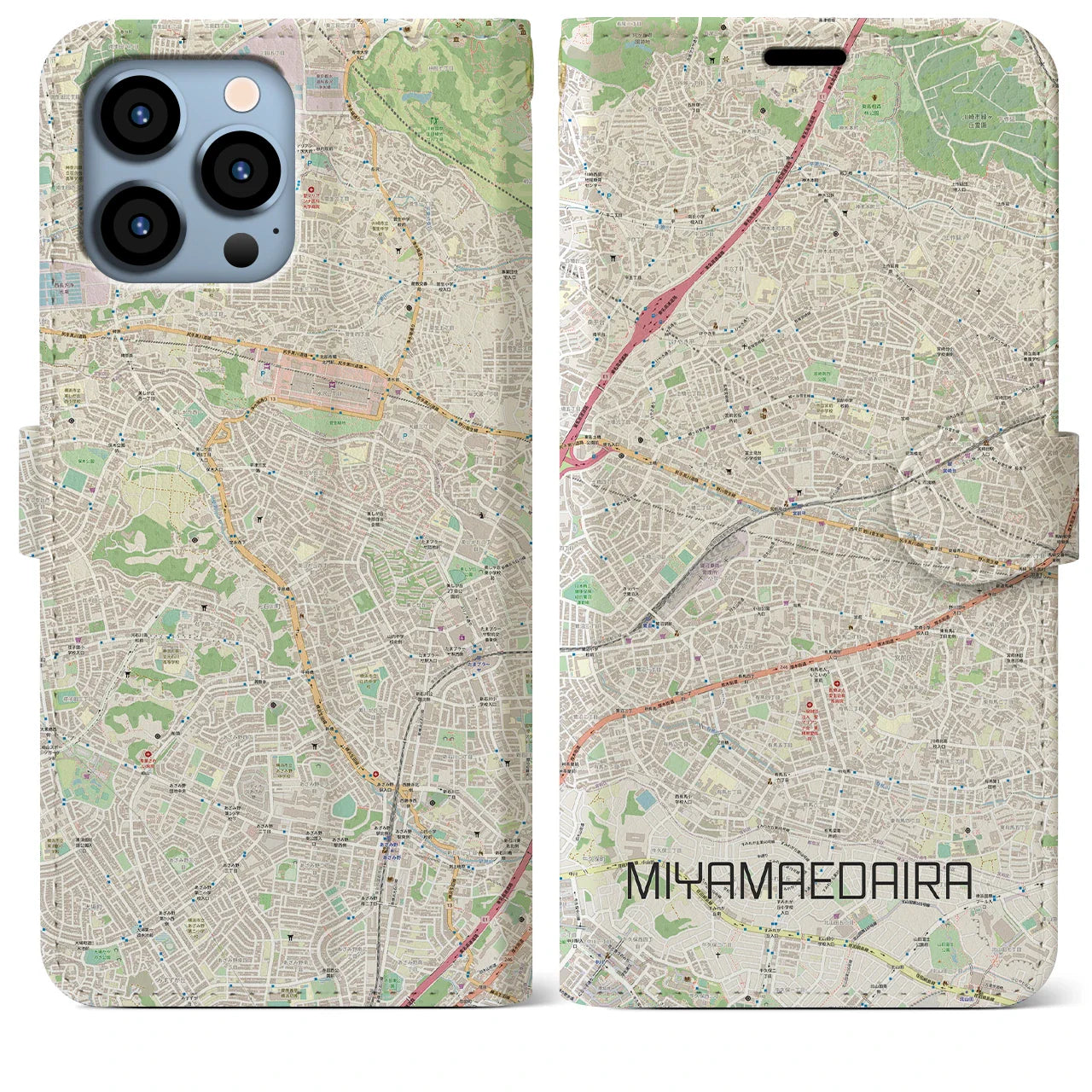 【宮前平(神奈川県)】地図柄iPhoneケース(手帳タイプ)ナチュラル・iPhone 13 Pro Max 用