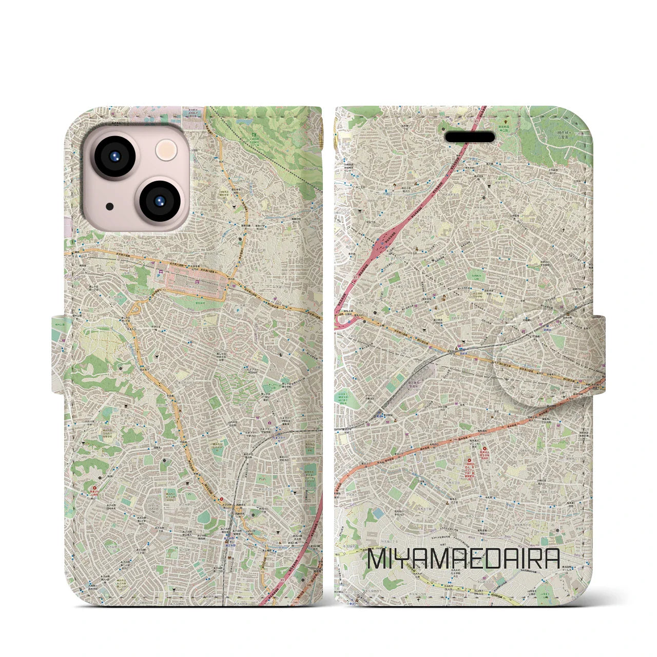 【宮前平(神奈川県)】地図柄iPhoneケース(手帳タイプ)ナチュラル・iPhone 13 mini 用