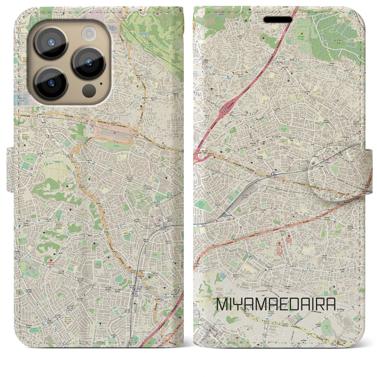 【宮前平(神奈川県)】地図柄iPhoneケース(手帳タイプ)ナチュラル・iPhone 14 Pro Max 用