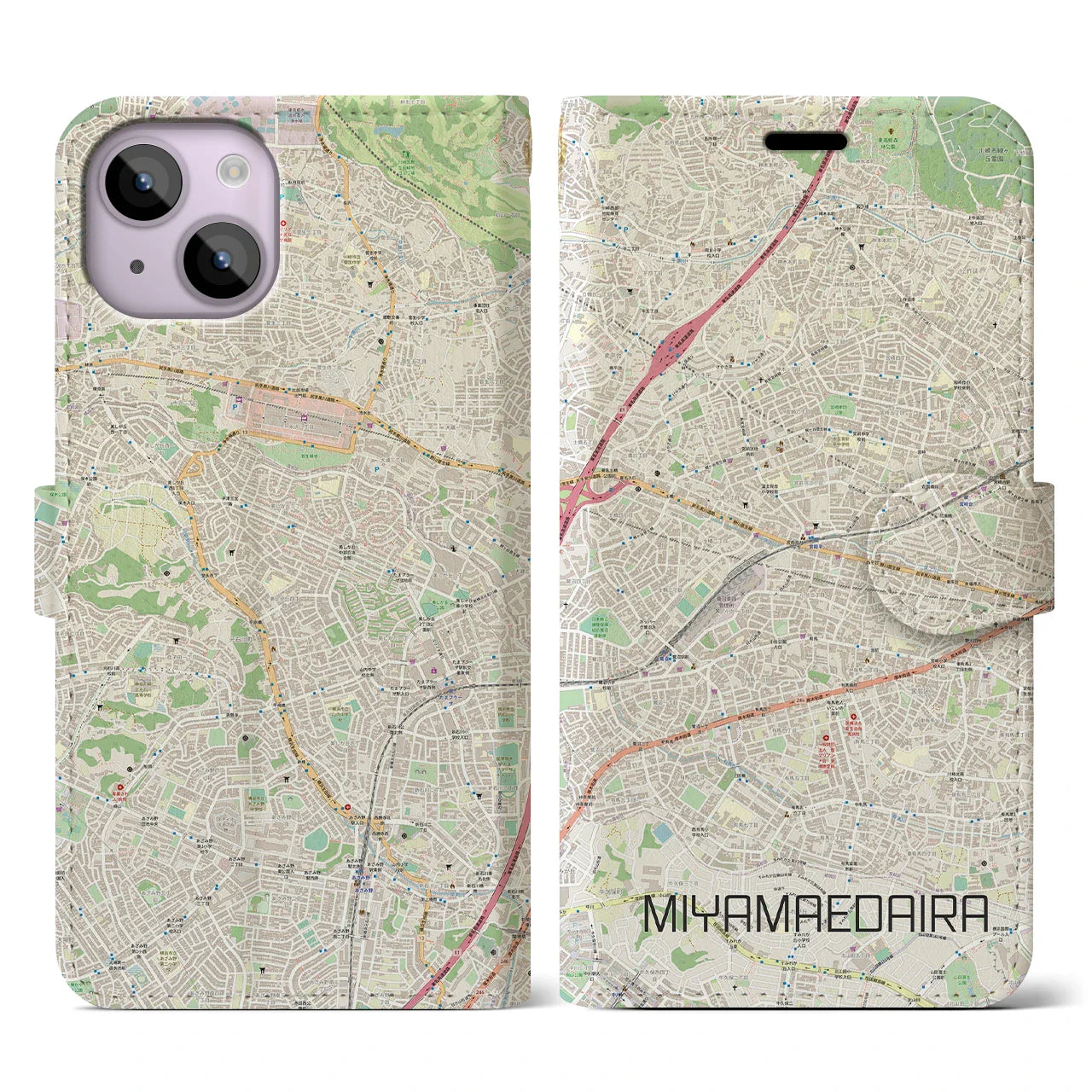 【宮前平(神奈川県)】地図柄iPhoneケース(手帳タイプ)ナチュラル・iPhone 14 用