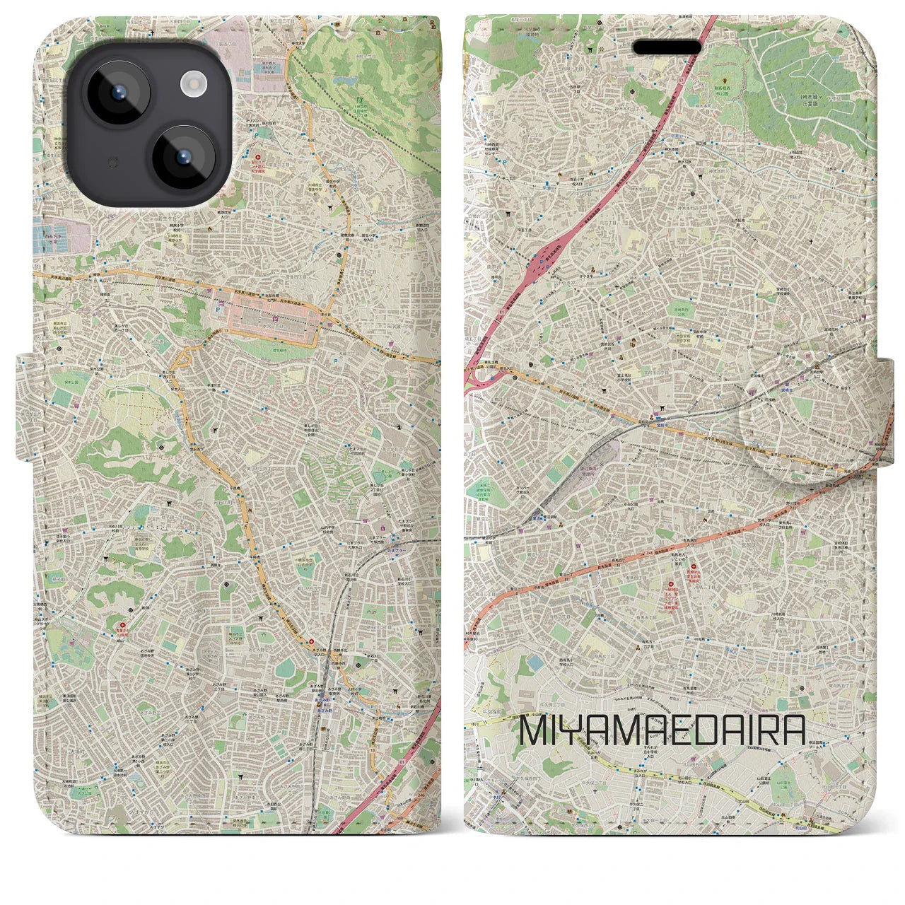 【宮前平(神奈川県)】地図柄iPhoneケース(手帳タイプ)ナチュラル・iPhone 14 Plus 用