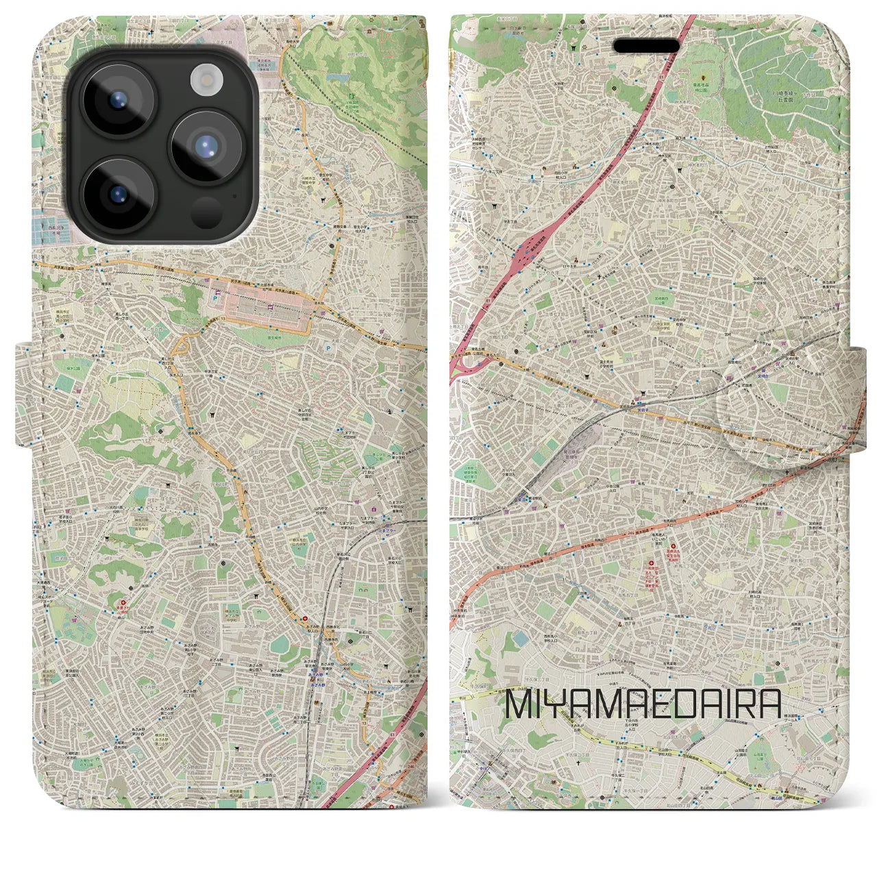 【宮前平(神奈川県)】地図柄iPhoneケース(手帳タイプ)ナチュラル・iPhone 15 Pro Max 用