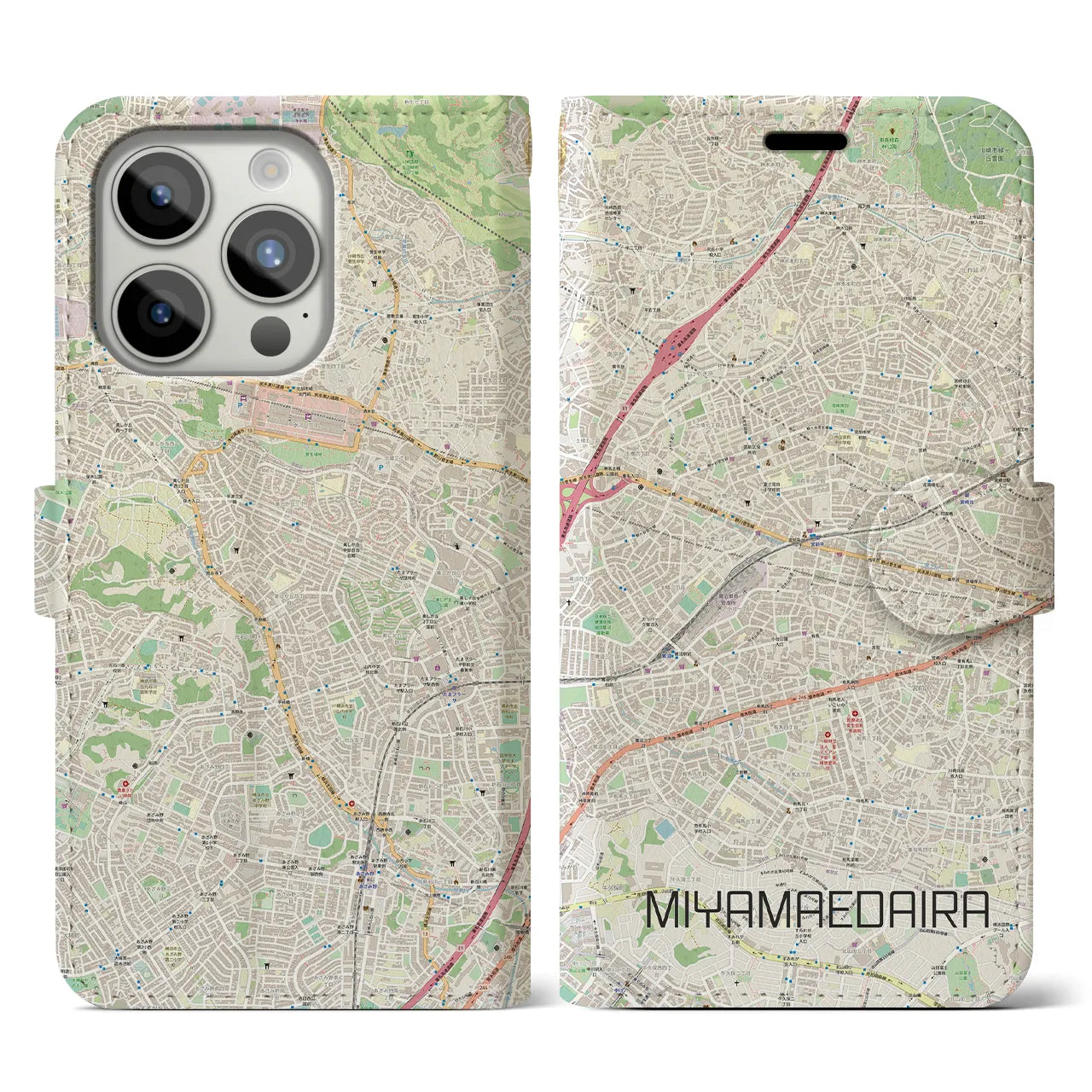 【宮前平(神奈川県)】地図柄iPhoneケース(手帳タイプ)ナチュラル・iPhone 15 Pro 用