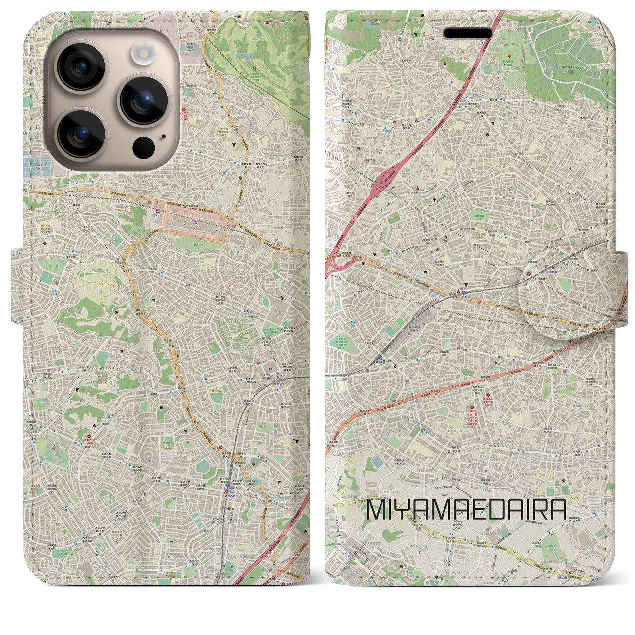 【宮前平(神奈川県)】地図柄iPhoneケース(手帳タイプ)ナチュラル・iPhone 16 Plus 用