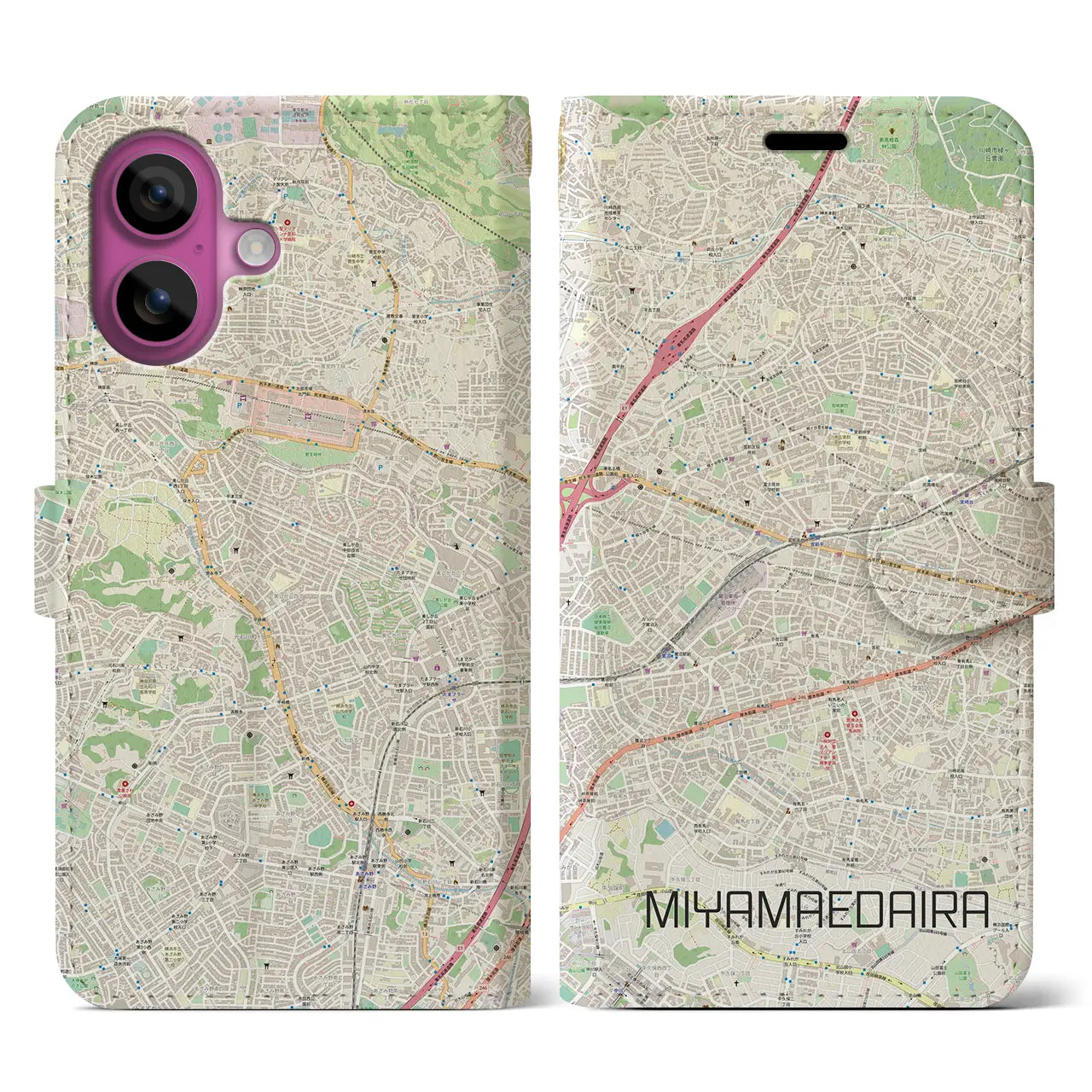 【宮前平(神奈川県)】地図柄iPhoneケース(手帳タイプ)ナチュラル・iPhone 16 Pro 用