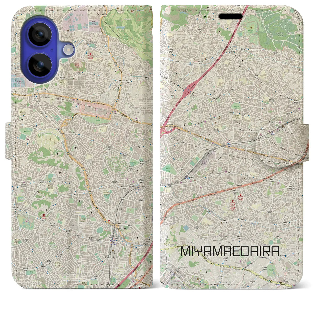 【宮前平(神奈川県)】地図柄iPhoneケース(手帳タイプ)ナチュラル・iPhone 16 Pro Max 用