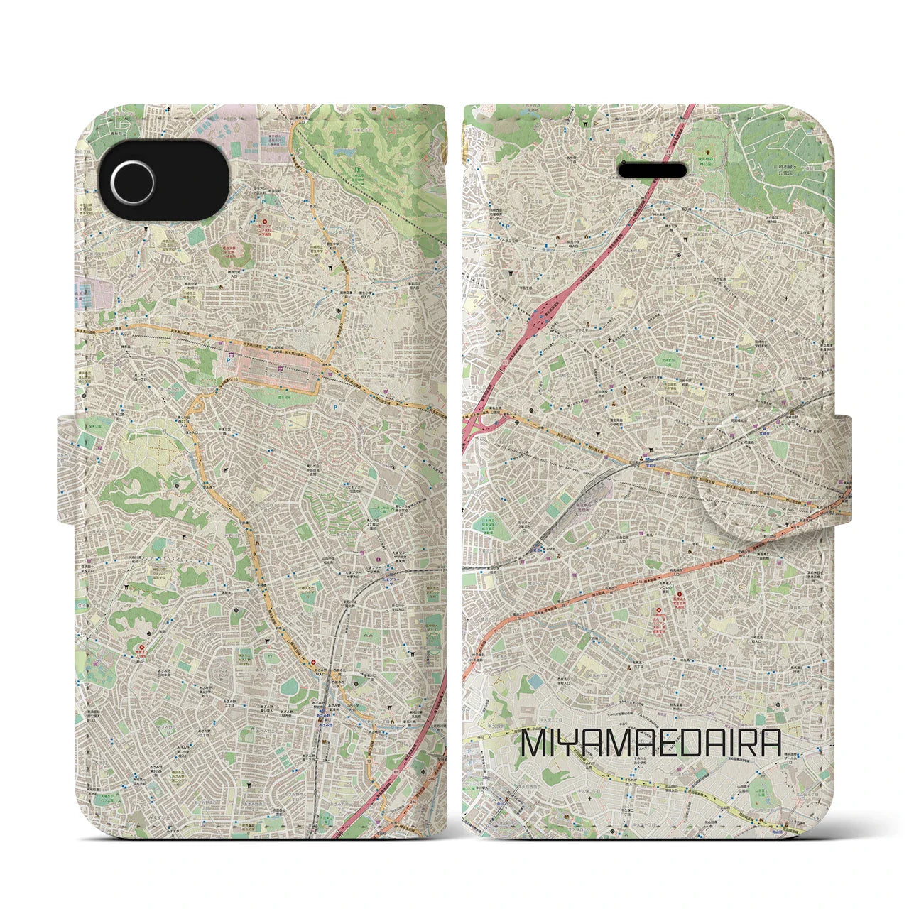 【宮前平(神奈川県)】地図柄iPhoneケース(手帳タイプ)ナチュラル・iPhone SE(第3 / 第2世代) / 8 / 7 / 6s / 6 用