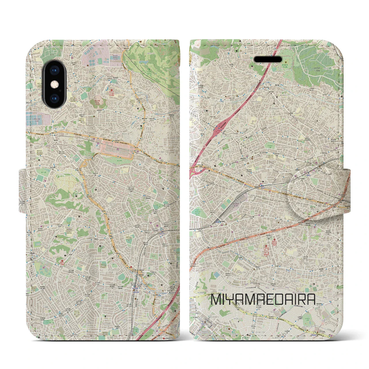【宮前平(神奈川県)】地図柄iPhoneケース(手帳タイプ)ナチュラル・iPhone XS / X 用
