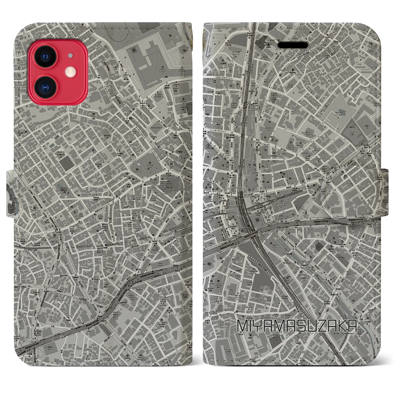 【宮益坂(東京都)】地図柄iPhoneケース(手帳タイプ)モノトーン・iPhone 11 用