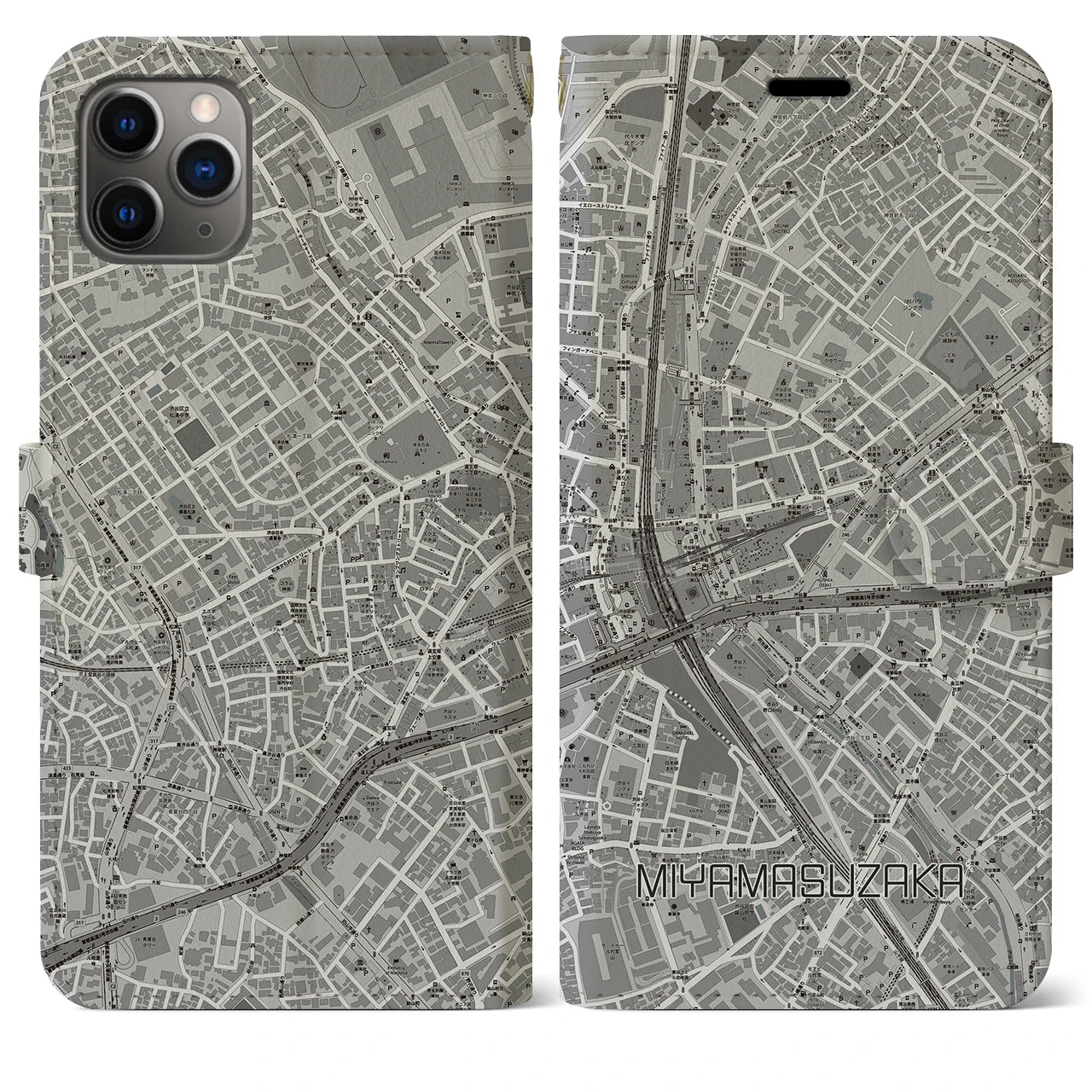 【宮益坂(東京都)】地図柄iPhoneケース(手帳タイプ)モノトーン・iPhone 11 Pro Max 用