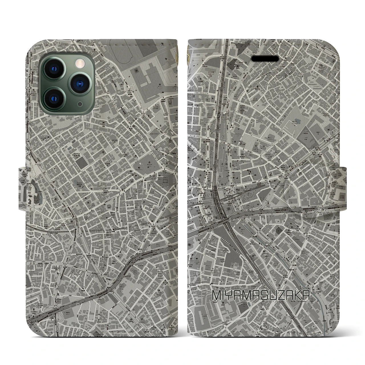 【宮益坂(東京都)】地図柄iPhoneケース(手帳タイプ)モノトーン・iPhone 11 Pro 用
