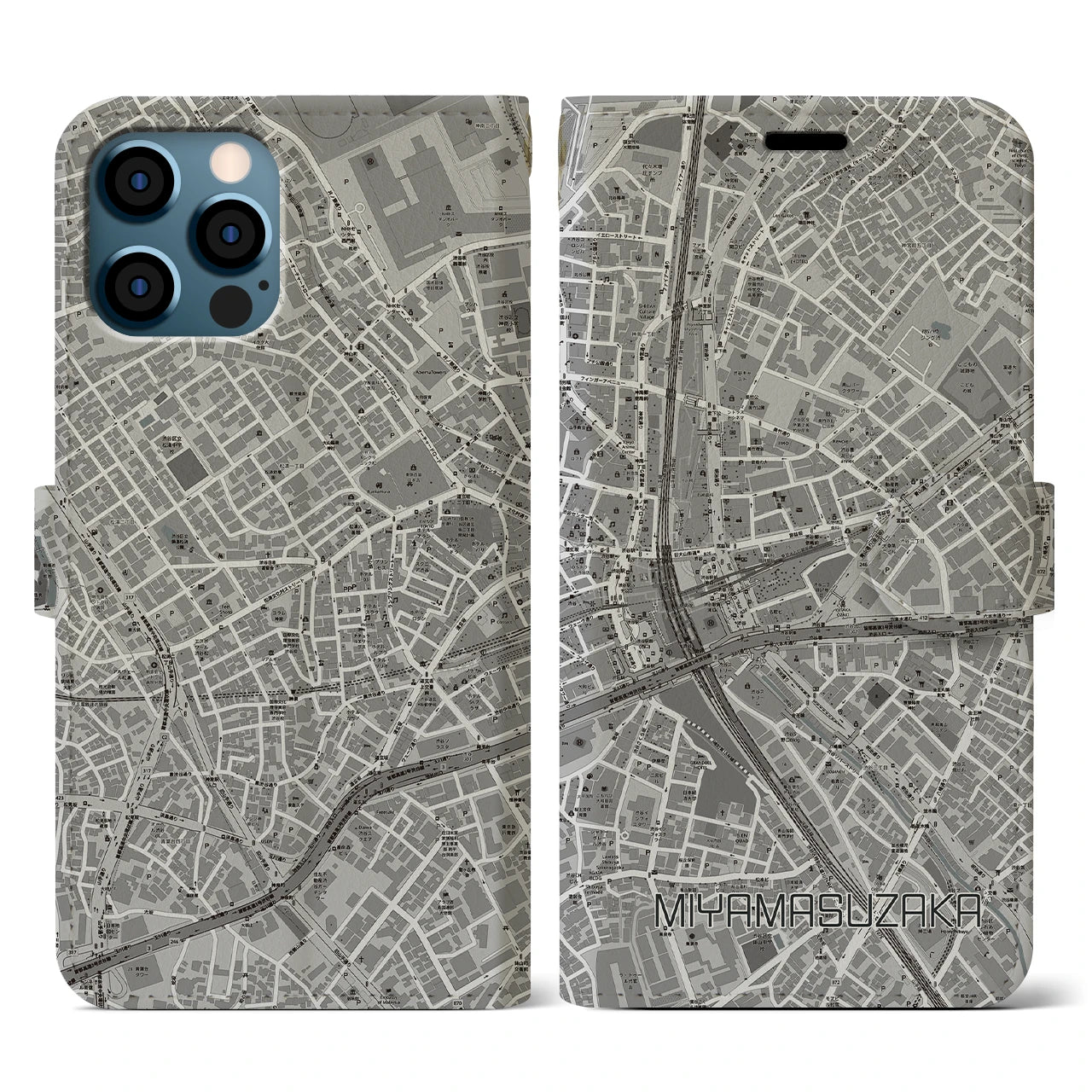 【宮益坂(東京都)】地図柄iPhoneケース(手帳タイプ)モノトーン・iPhone 12 / 12 Pro 用