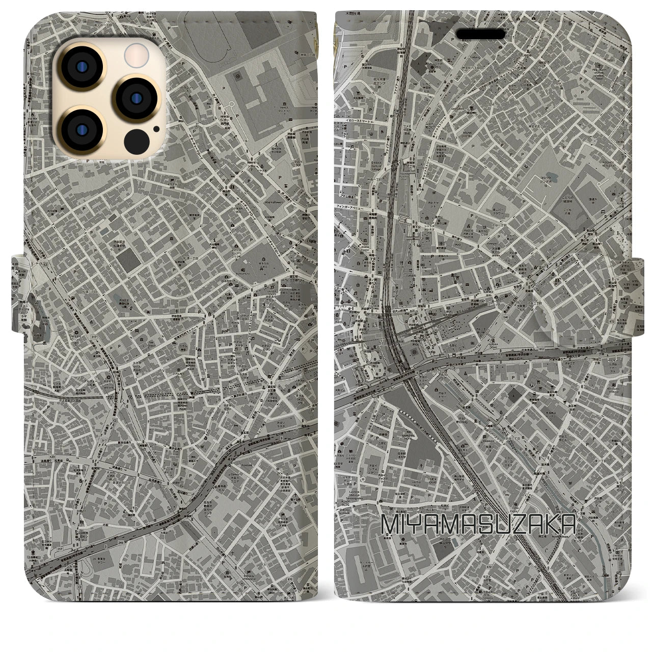 【宮益坂(東京都)】地図柄iPhoneケース(手帳タイプ)モノトーン・iPhone 12 Pro Max 用