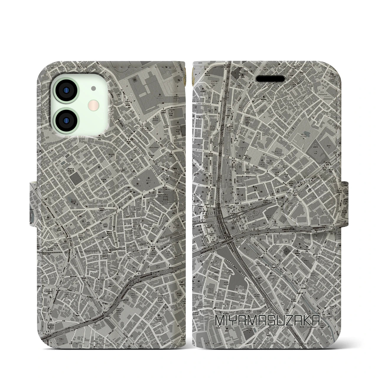 【宮益坂(東京都)】地図柄iPhoneケース(手帳タイプ)モノトーン・iPhone 12 mini 用