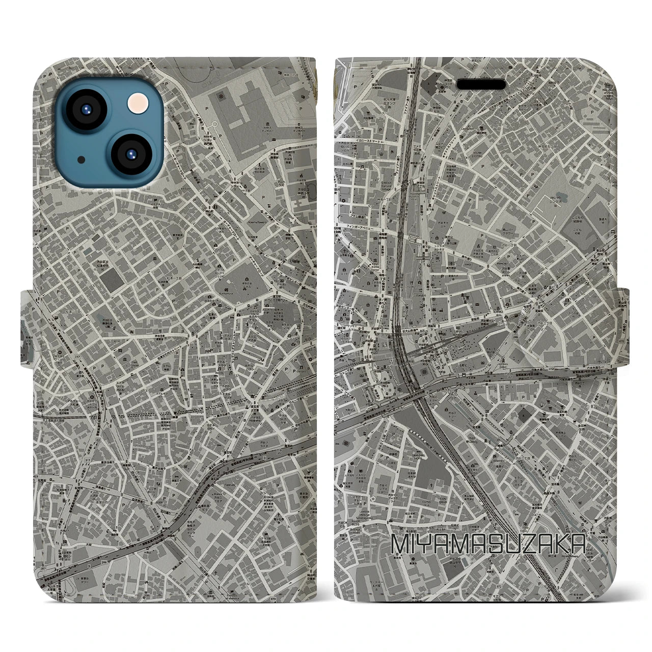 【宮益坂(東京都)】地図柄iPhoneケース(手帳タイプ)モノトーン・iPhone 13 用