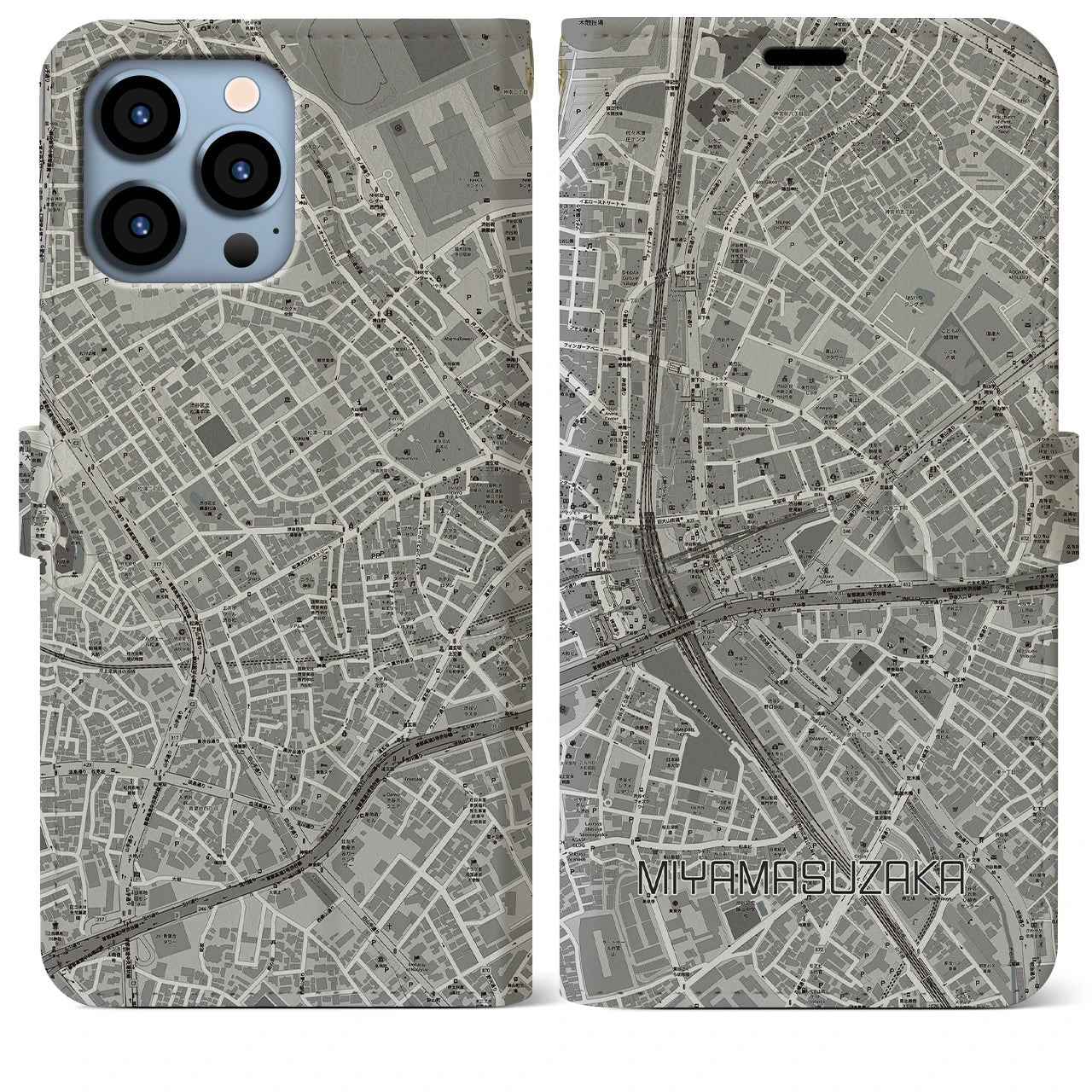【宮益坂(東京都)】地図柄iPhoneケース(手帳タイプ)モノトーン・iPhone 13 Pro Max 用