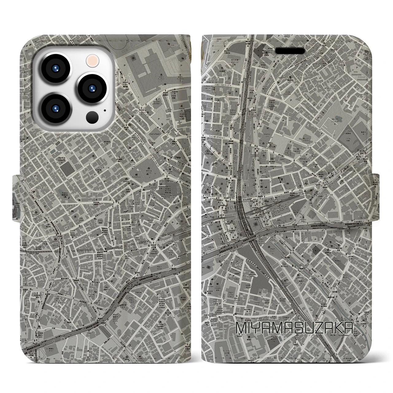 【宮益坂(東京都)】地図柄iPhoneケース(手帳タイプ)モノトーン・iPhone 13 Pro 用